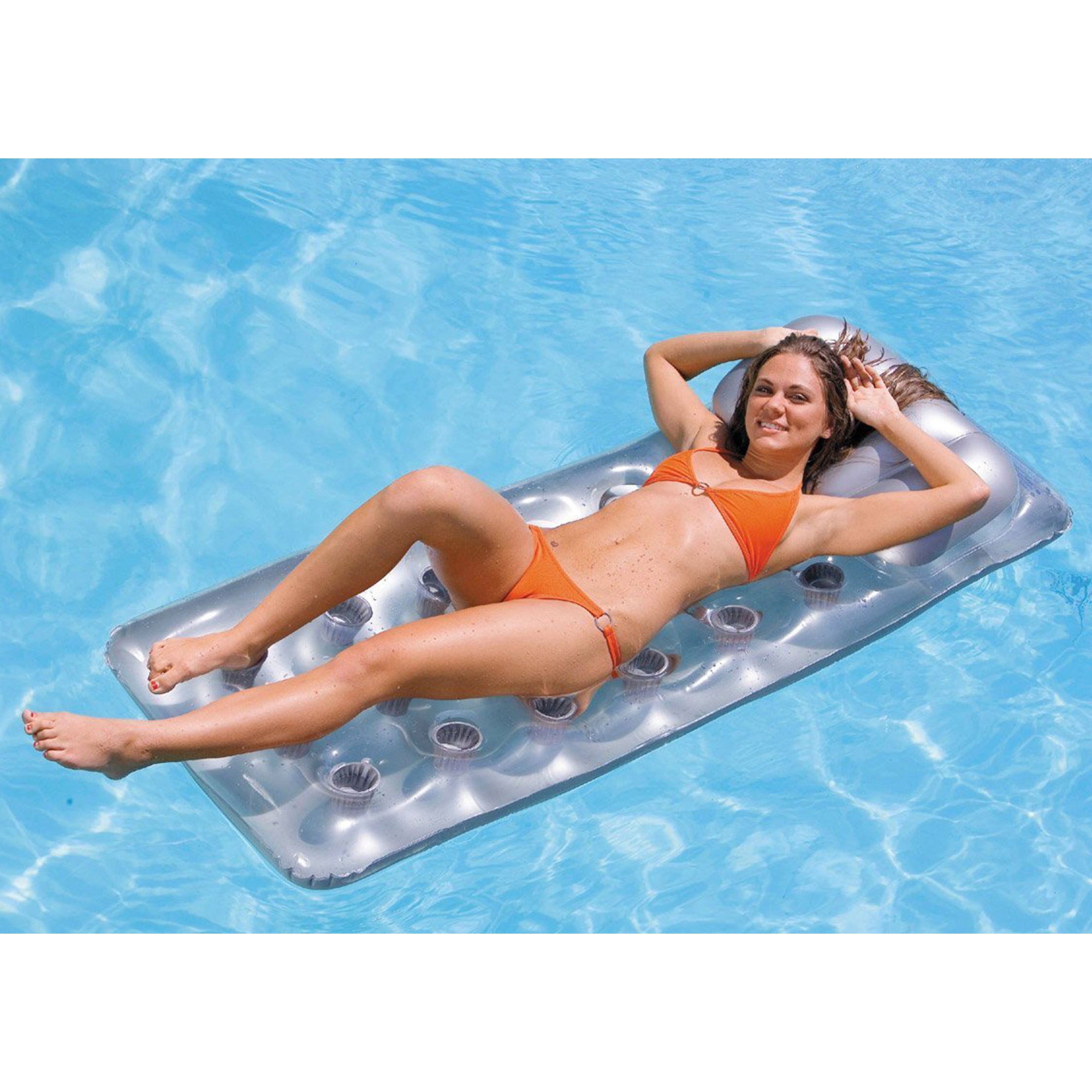 Inflatable Lounge Pool Floating Raft Bundled w/ 18-Pocket French Mattress Float