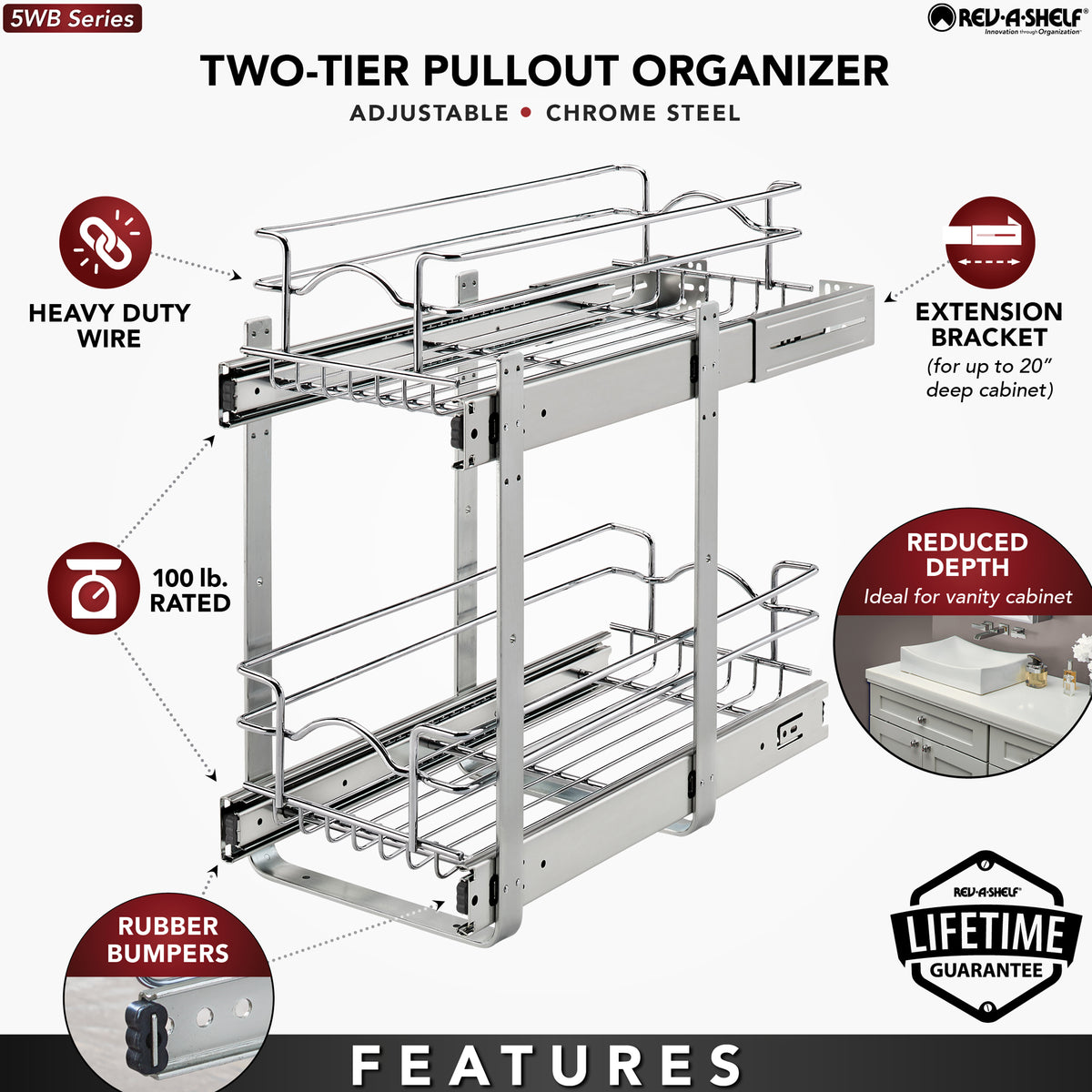 Rev-A-Shelf 5WB2-1218CR-1 12"x18" 2-Tier Storage Wire Basket, Chrome (Open Box)