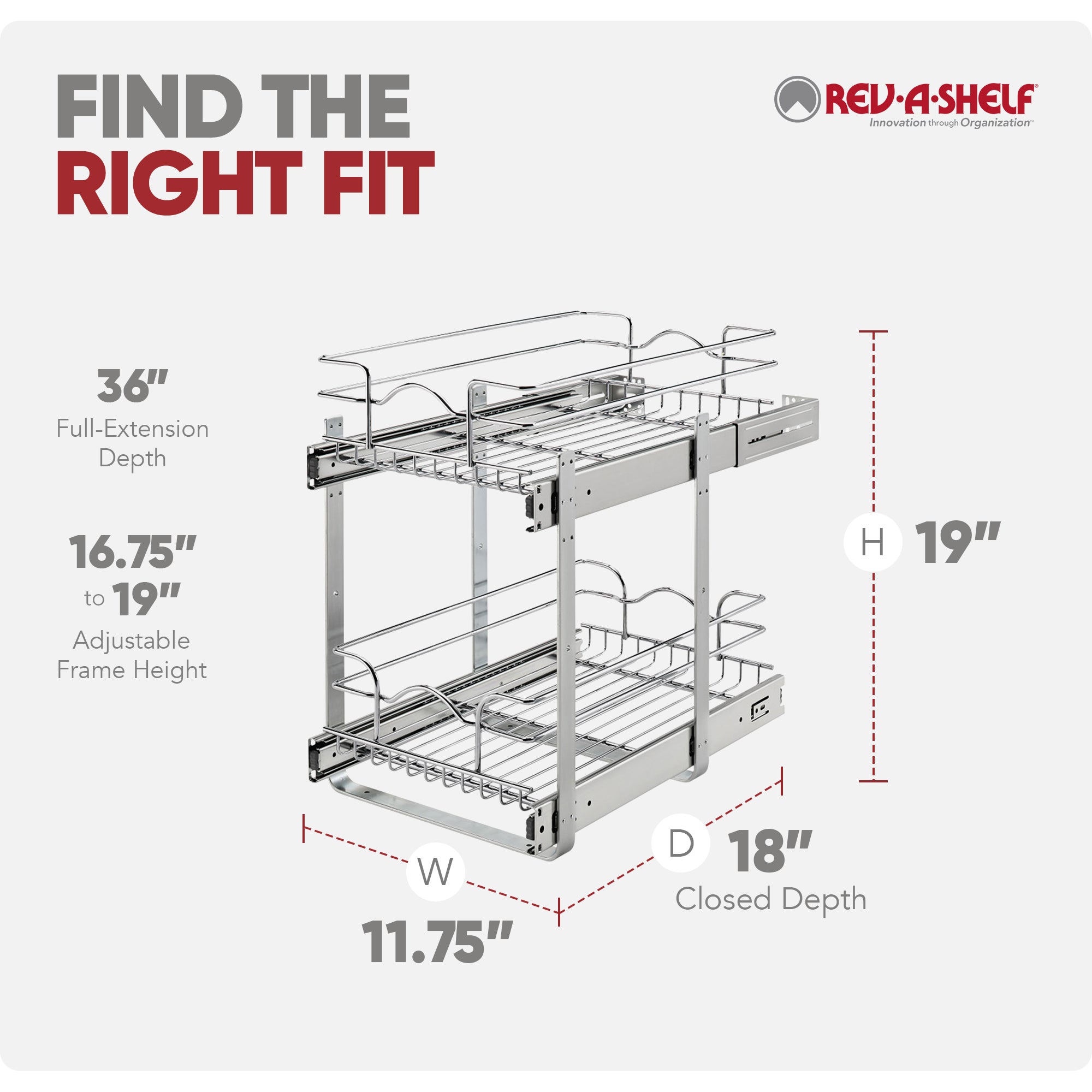 Rev-A-Shelf Pullout 2-Tier Basket Organizer for Kitchen or Vanity Cabinets, 12 x 18 In, 5WB2-1218CR-1 - VMInnovations