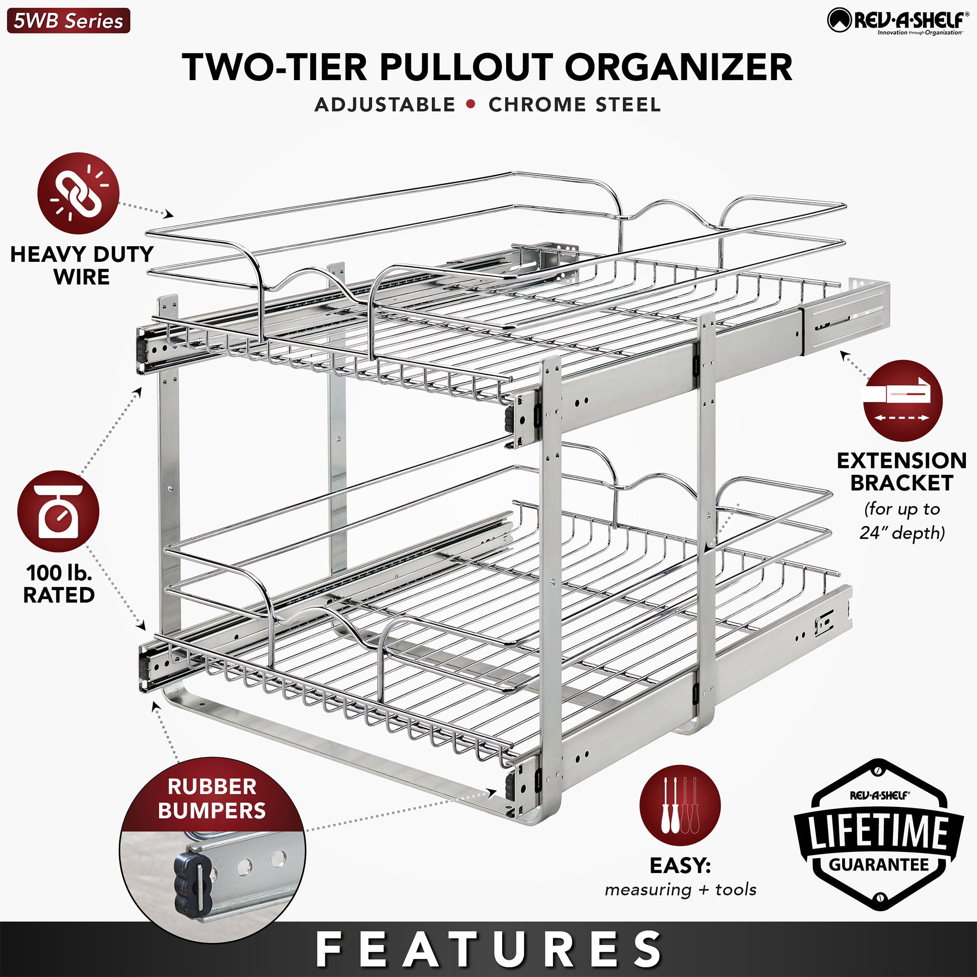 Rev-A-Shelf Pullout 2-Tier Basket Organizer for Kitchen or Vanity Cabinets, 18 x 22 In, 5WB2-1822CR-1 - VMInnovations