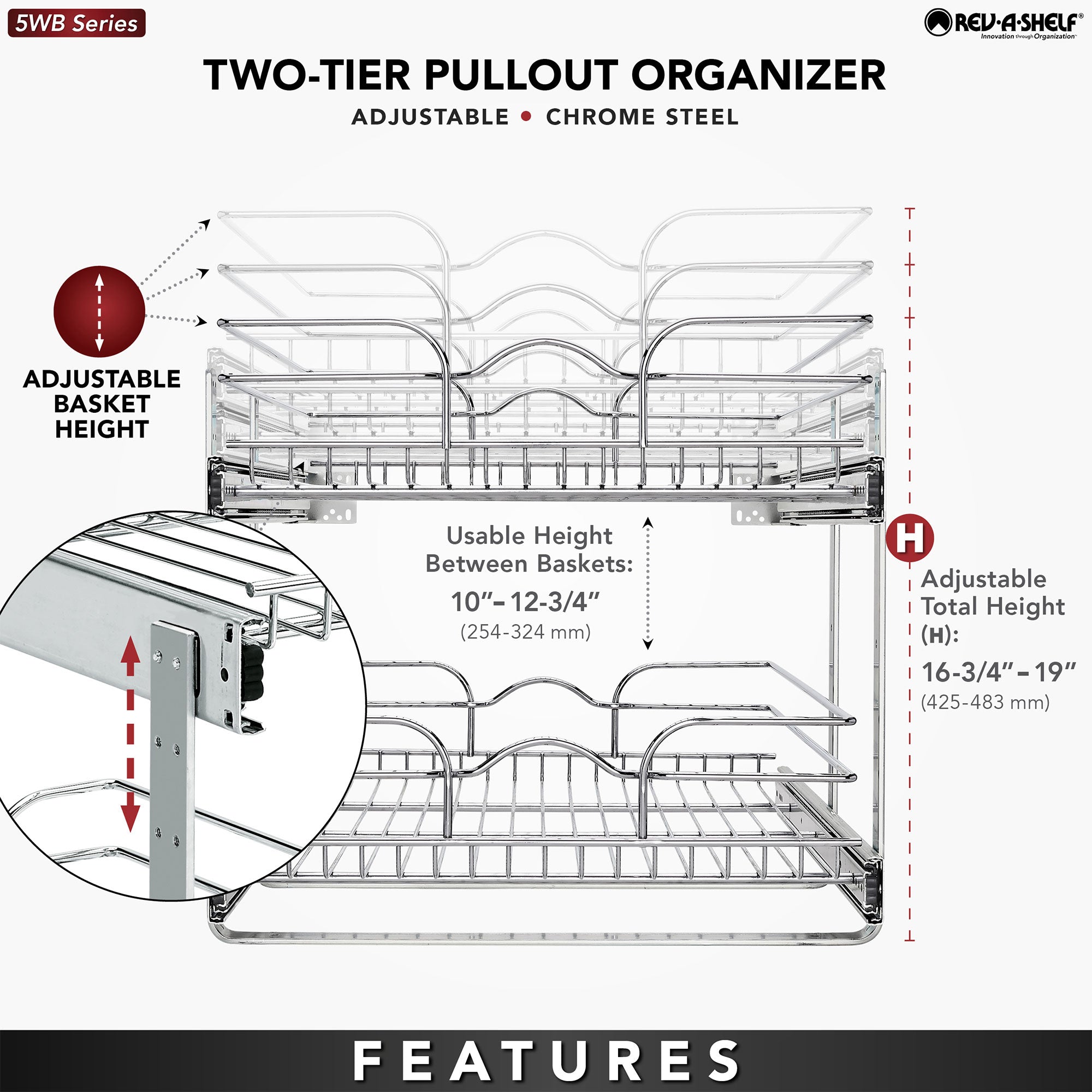 Rev-A-Shelf Pullout 2-Tier Basket Organizer for Kitchen or Vanity Cabinets, 18 x 22 In, 5WB2-1822CR-1