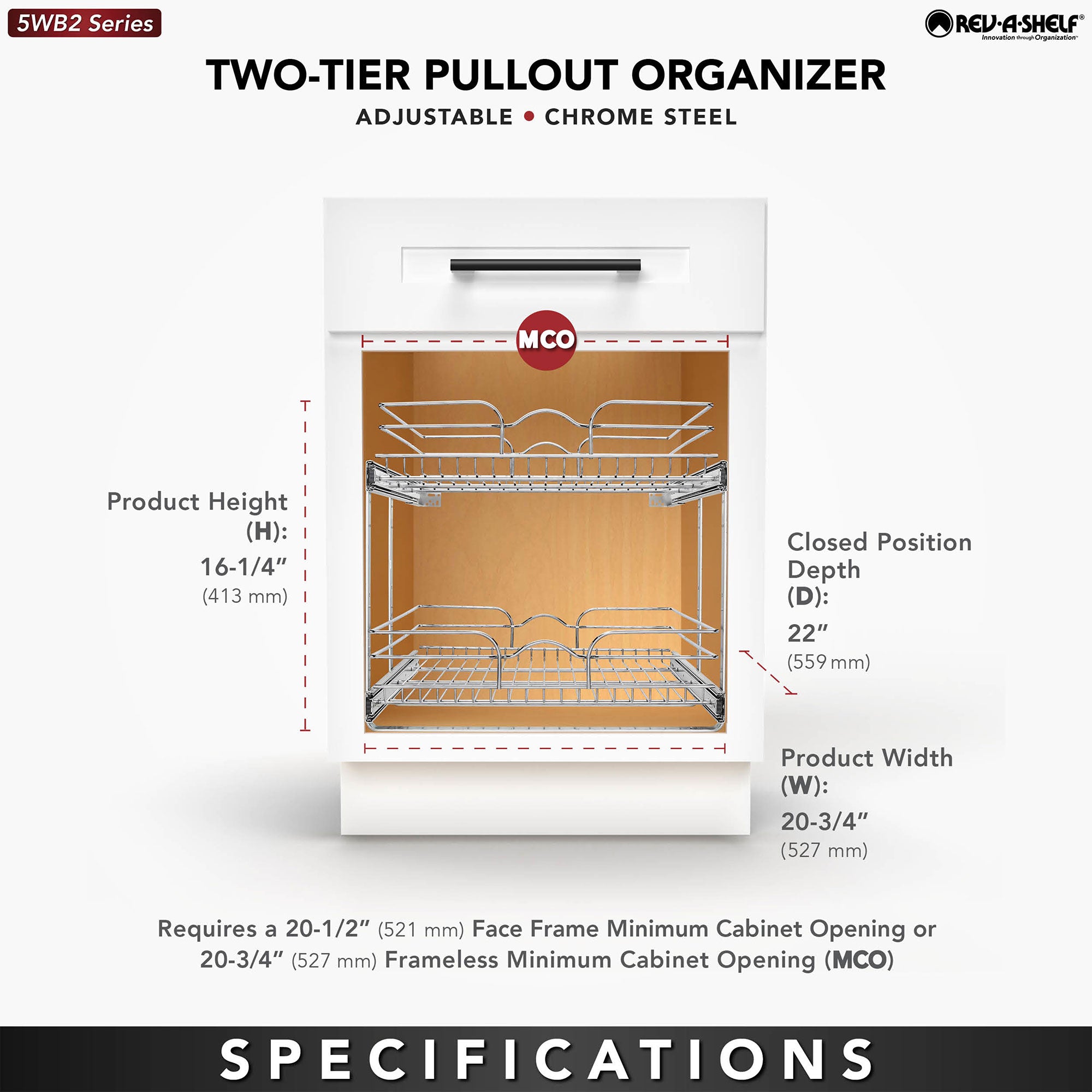 Rev-A-Shelf Pullout 2-Tier Basket Organizer for Kitchen or Vanity Cabinets, 21 x 22 In, 5WB2-2122CR-1 - VMInnovations