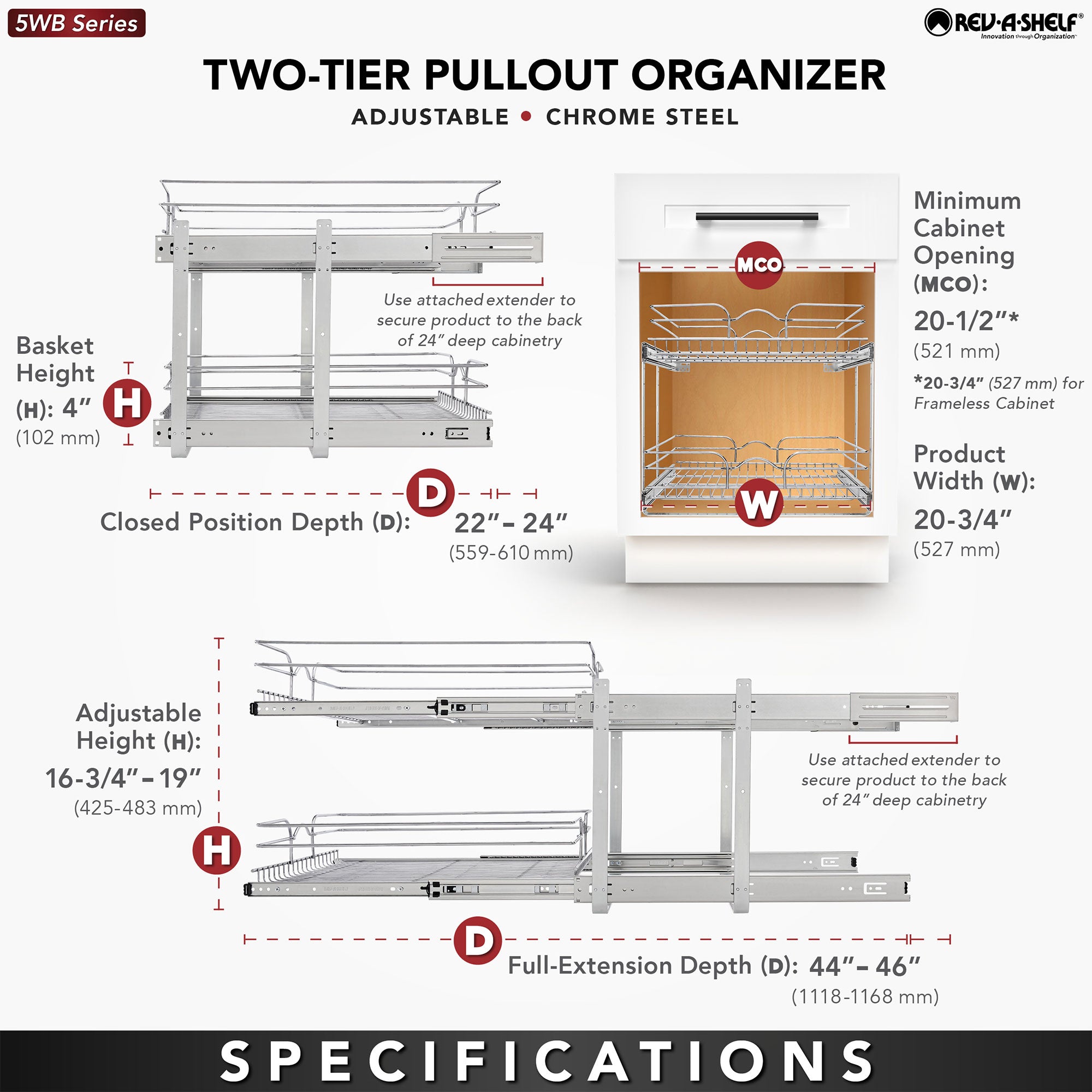 Rev-A-Shelf Pullout 2-Tier Basket Organizer for Kitchen or Vanity Cabinets, 21 x 22 In, 5WB2-2122CR-1