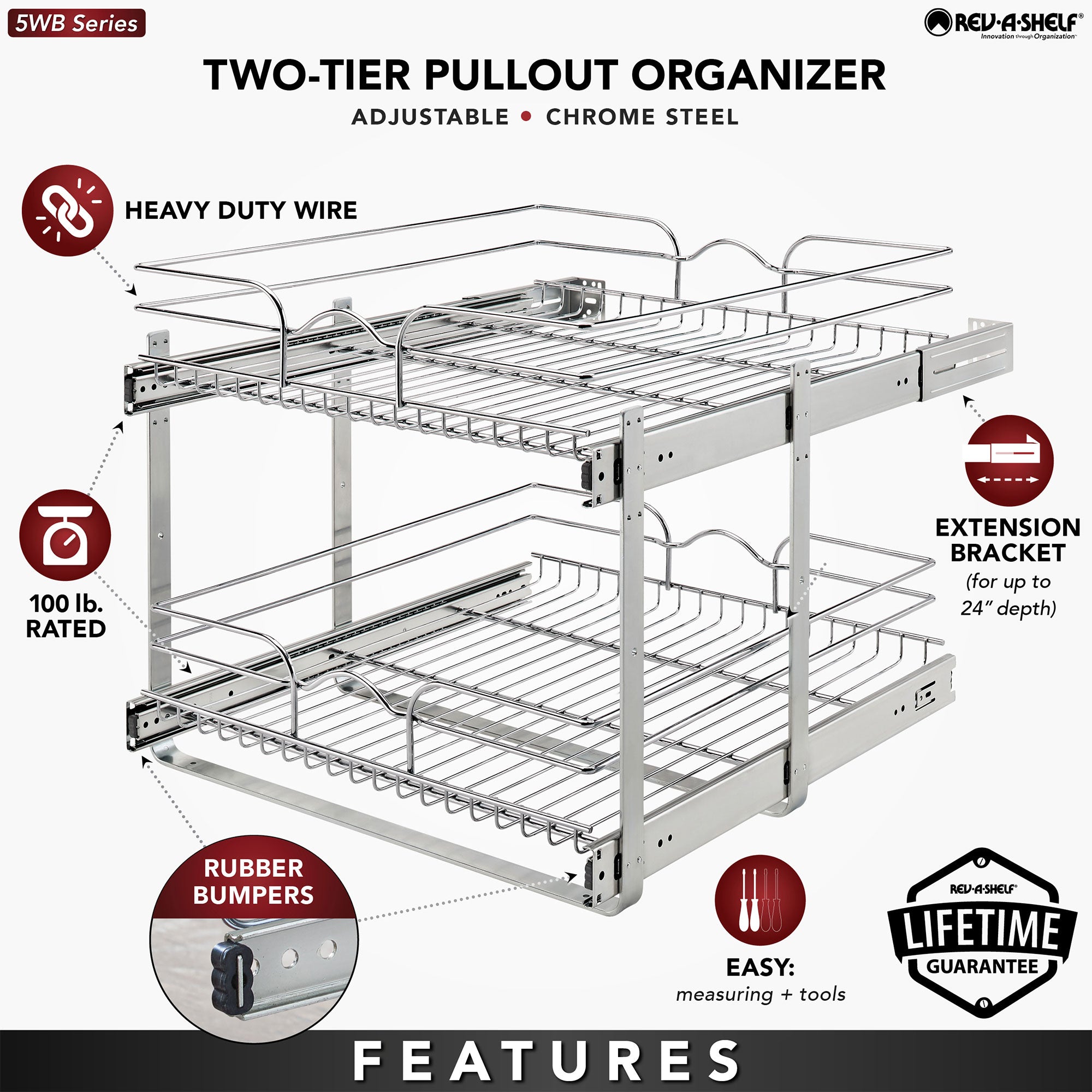 Rev-A-Shelf Pullout 2-Tier Basket Organizer for Kitchen or Vanity Cabinets, 21 x 22 In, 5WB2-2122CR-1