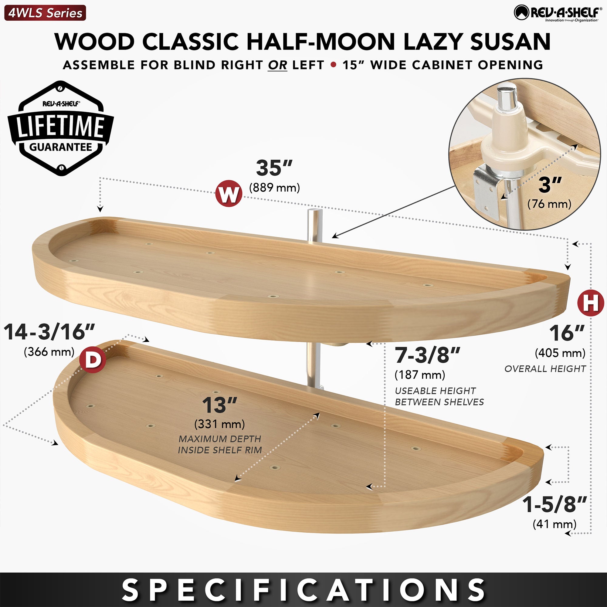 Rev-A-Shelf 35 Inch Wooden Cabinet 2-Shelf Half Moon Lazy Susan (Open Box)