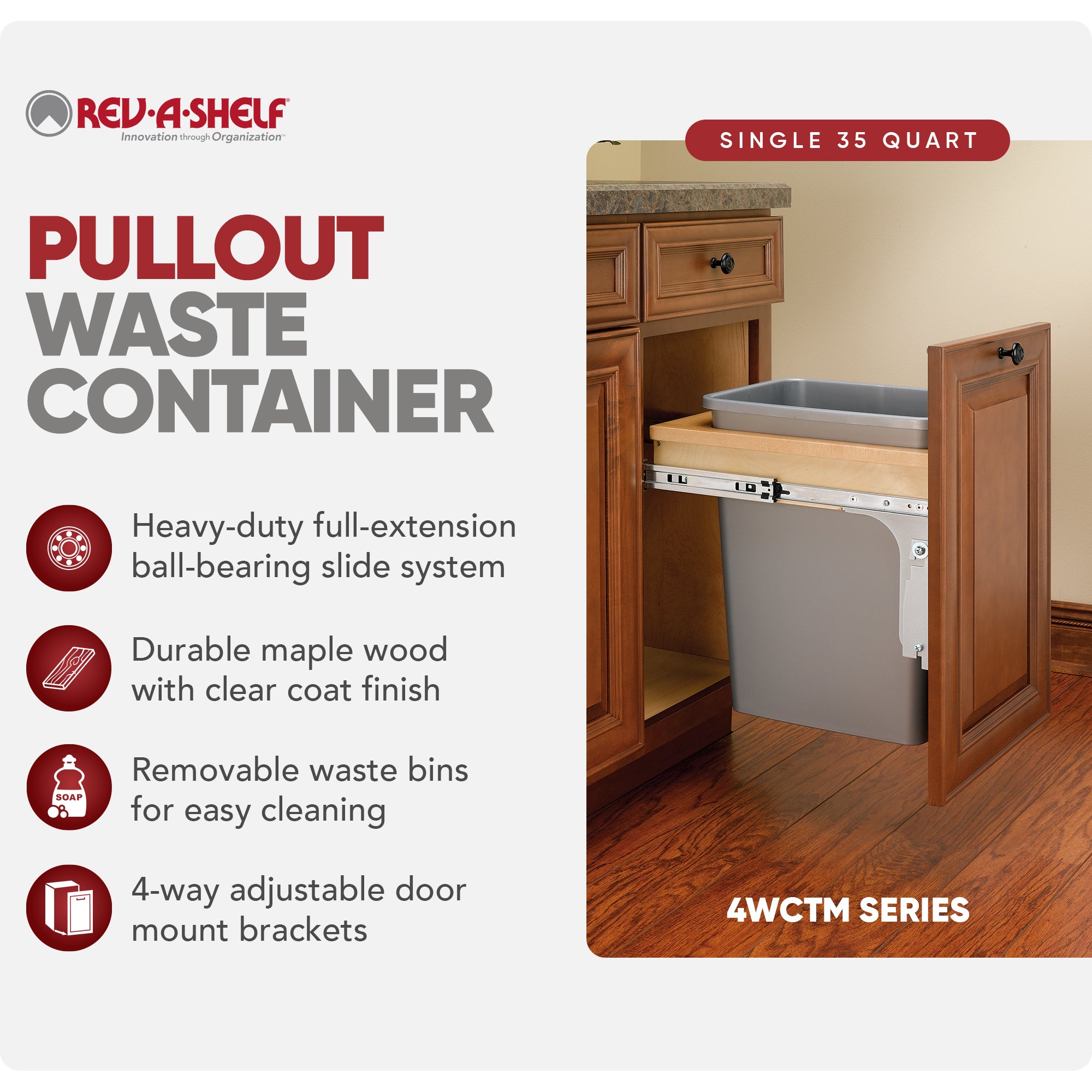 Rev-A-Shelf Single Pullout Trash Can, Reduced Depth, 35 qt., 4WCTM-1516DM-1 - VMInnovations