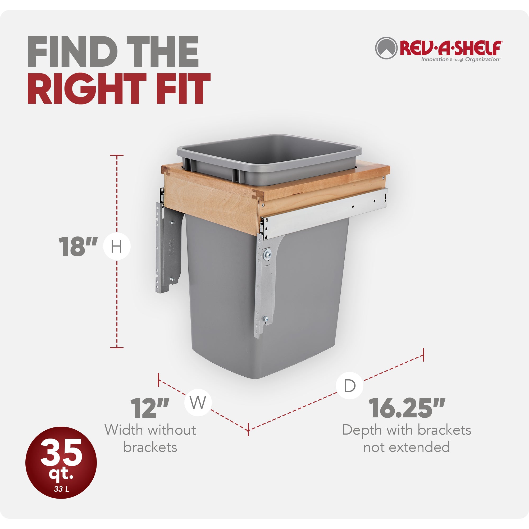 Rev-A-Shelf Single Pullout Trash Can, Reduced Depth, 35 qt., 4WCTM-1516DM-1 - VMInnovations