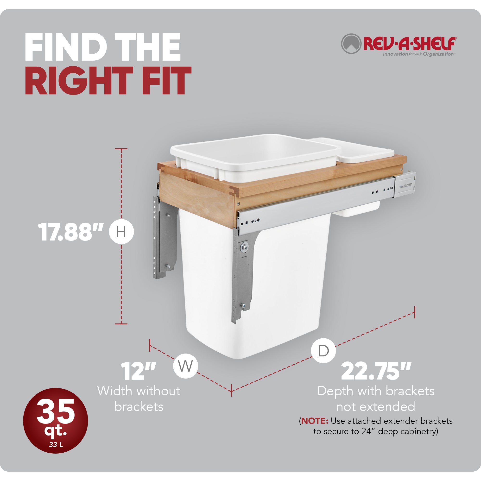 Rev-A-Shelf Single Pullout Top Mount Trash Can 35 qt., White, 4WCTM-12DM1