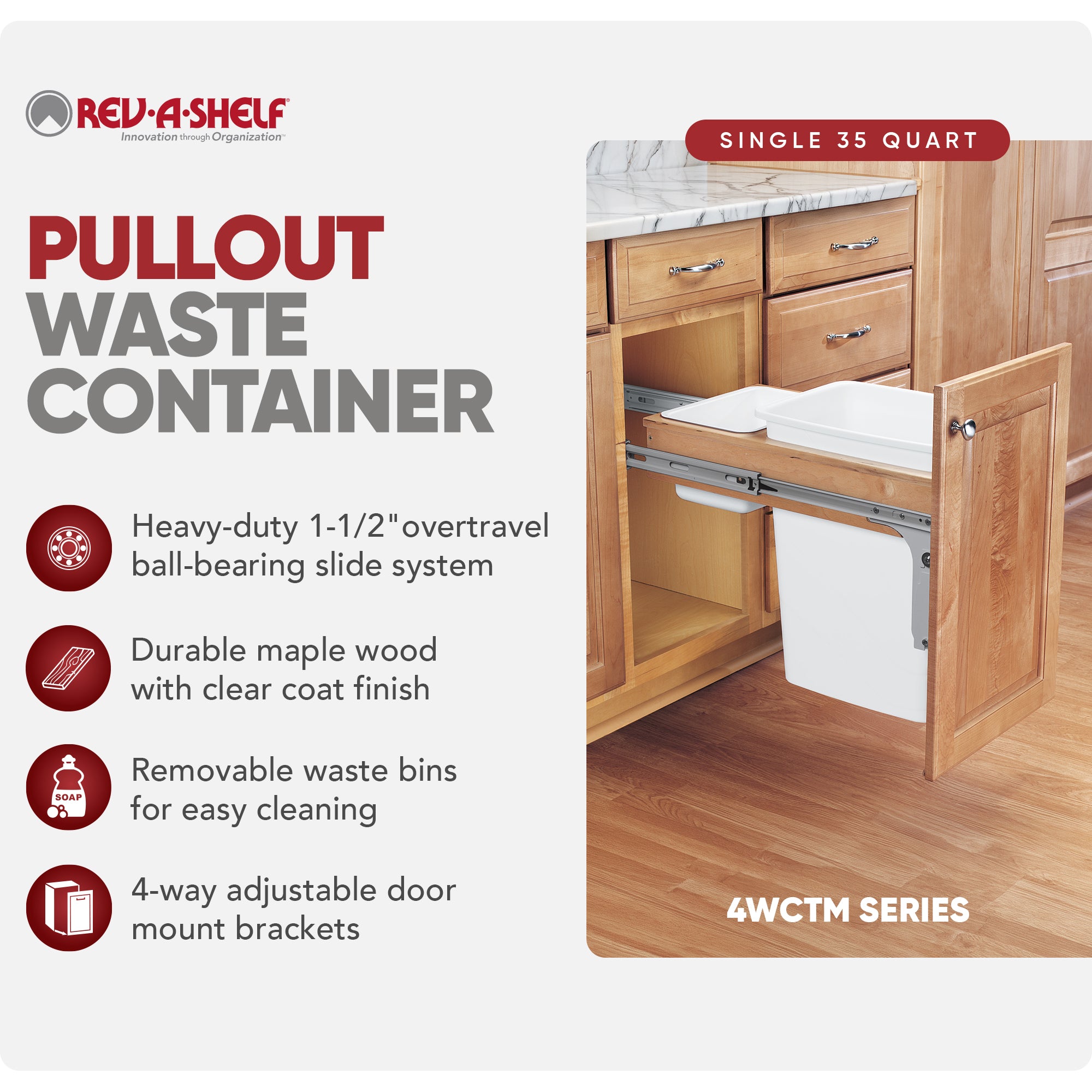 Rev-A-Shelf Single Pullout Top Mount Trash Can 35 qt., White, 4WCTM-12DM1-175 - VMInnovations