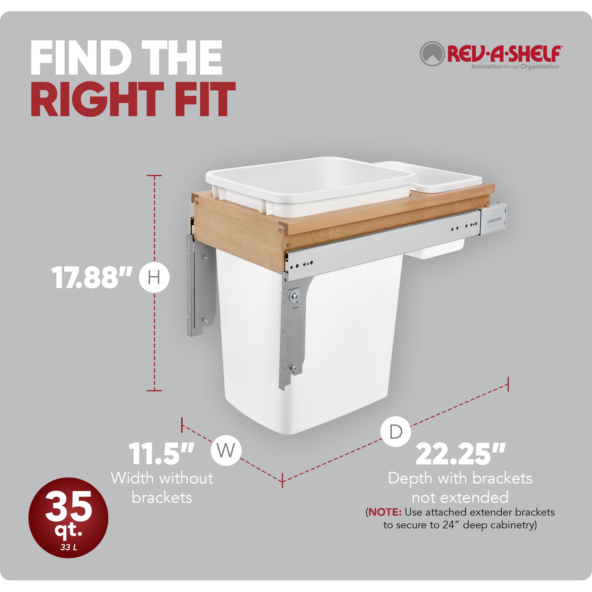 Rev-A-Shelf Single Pullout Top Mount Trash Can 35 qt., White, 4WCTM-12DM1-175