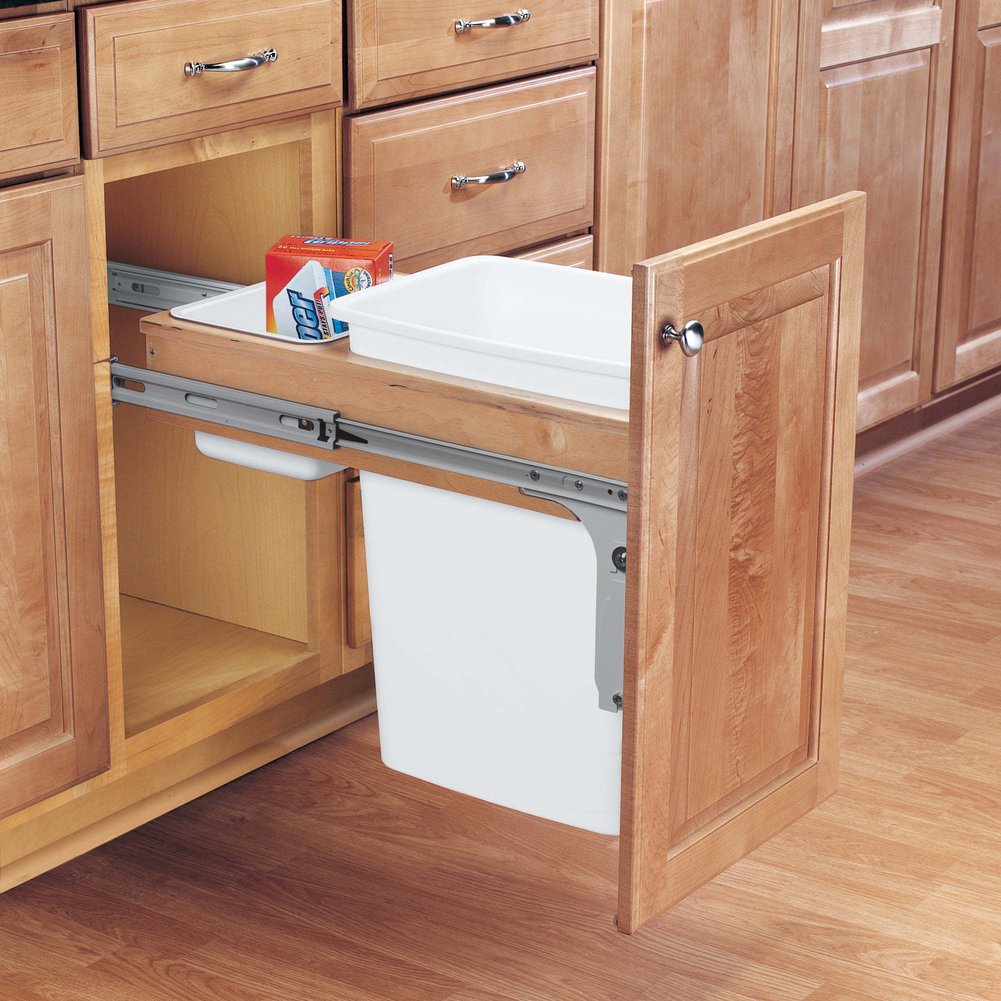 Rev-A-Shelf Single Pullout Top Mount Trash Can 35 qt., White, 4WCTM-12DM1-175 - VMInnovations