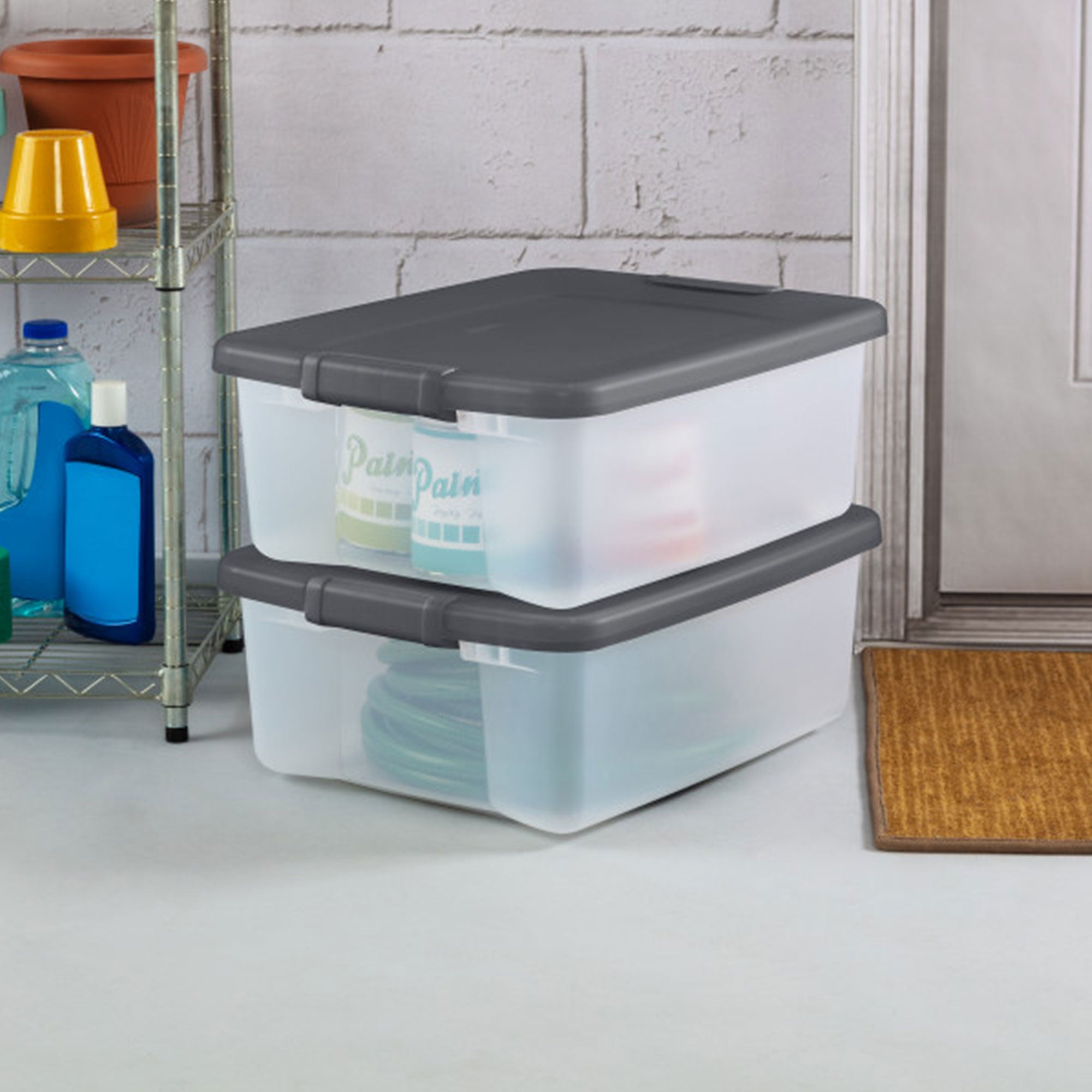 Sterilite 25 Qt. Shelf Tote Driftwood Lid Clear Base w/Platinum Latches(24 Pack) - VMInnovations
