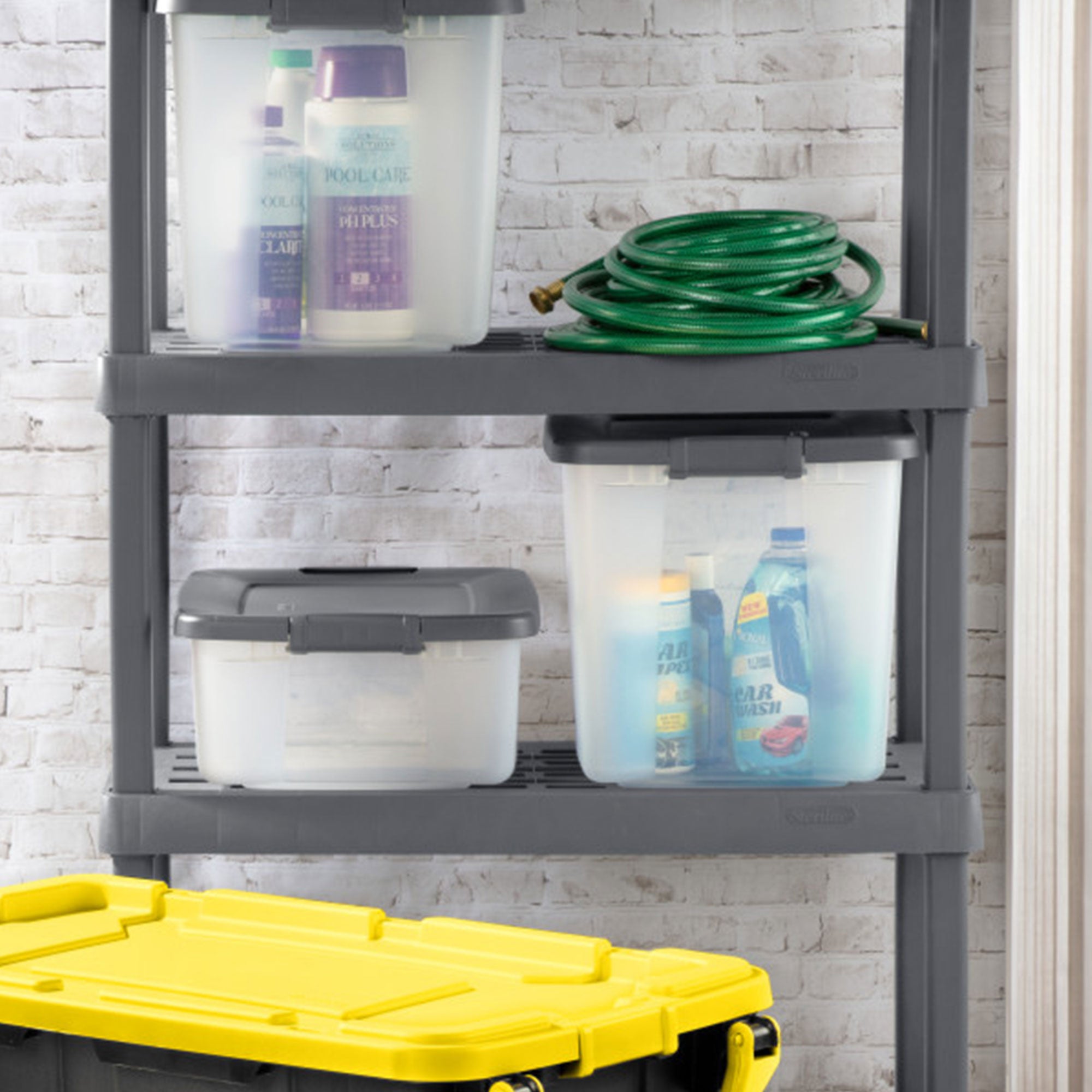 Sterilite 25 Qt. Shelf Tote Driftwood Lid Clear Base w/Platinum Latches(24 Pack) - VMInnovations