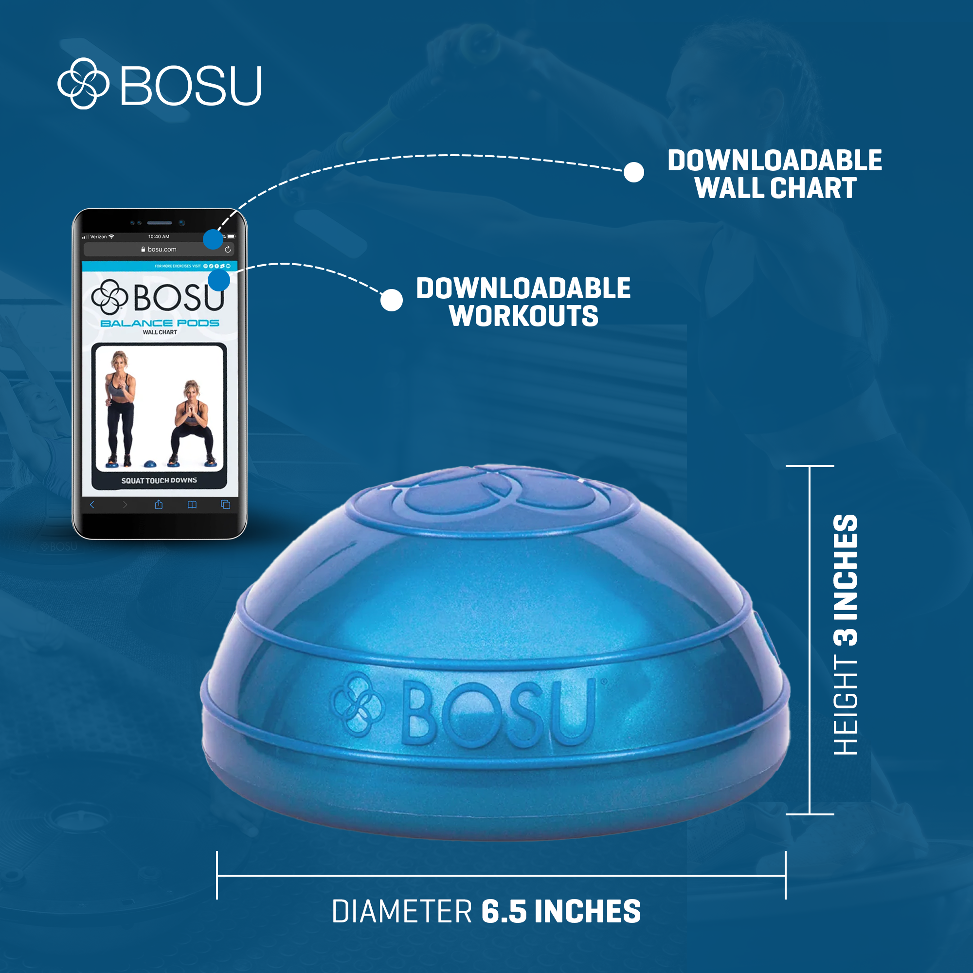 Bosu 6.5-Inch Diameter 2-Sided Dynamic Home Workout Balance Pods, Blue (2 Pack)