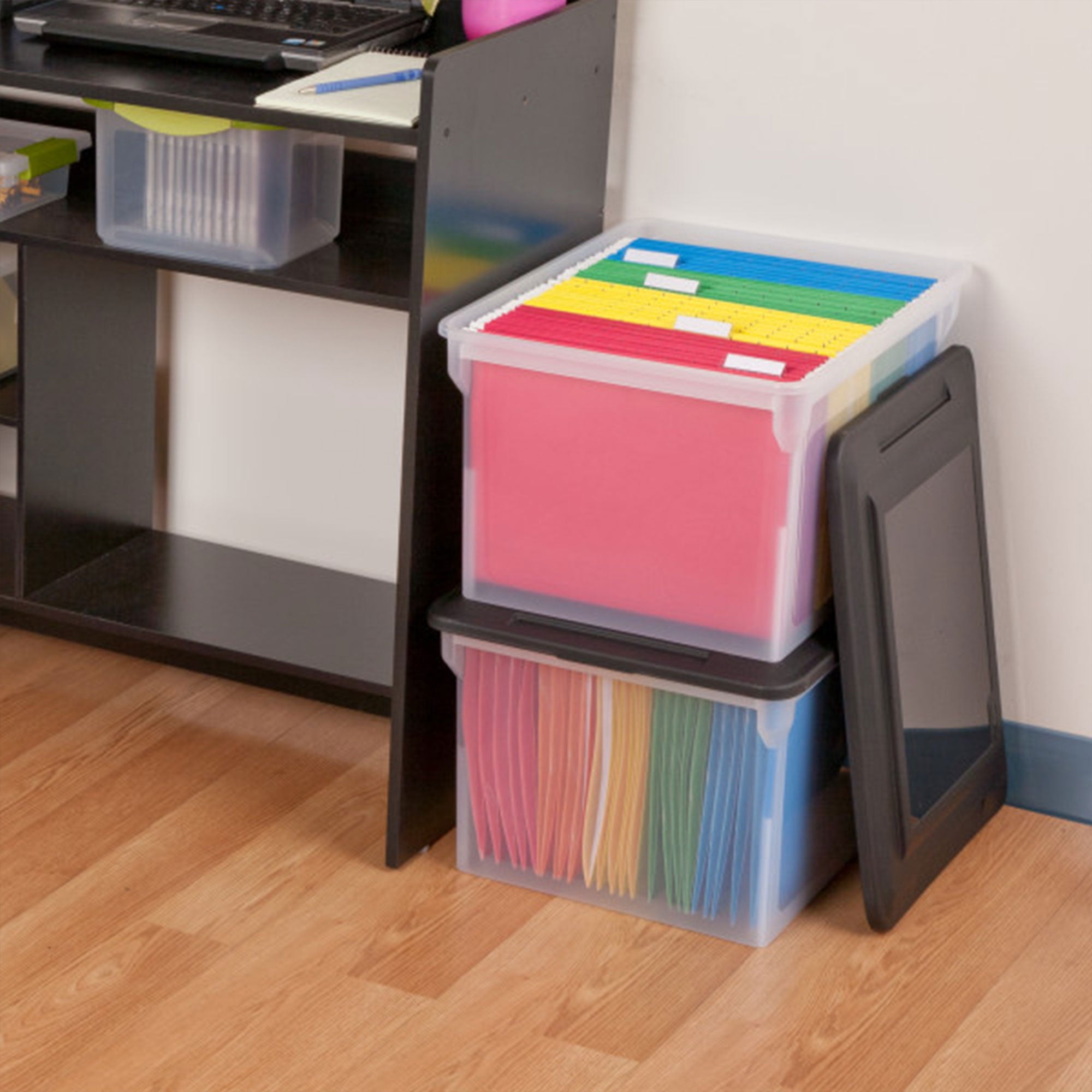 Sterilite File Box, Document Filing Storage Bin with Lid, Clear/Black, 4 Pack