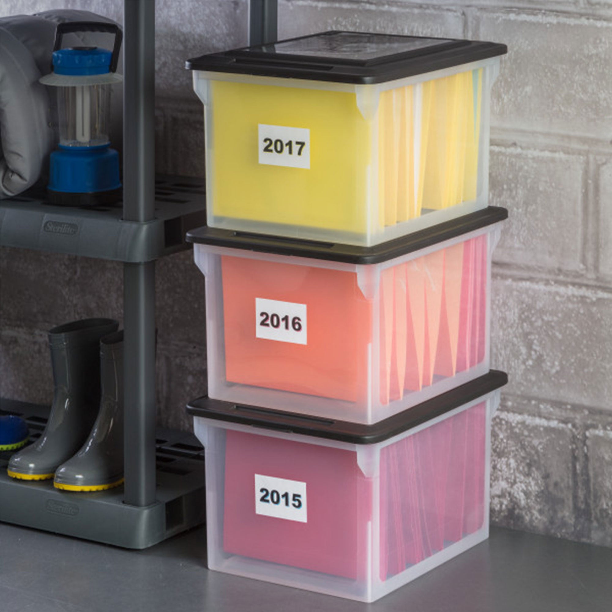 Sterilite File Box, Document Filing Storage Bin with Lid, Clear/Black, 4 Pack