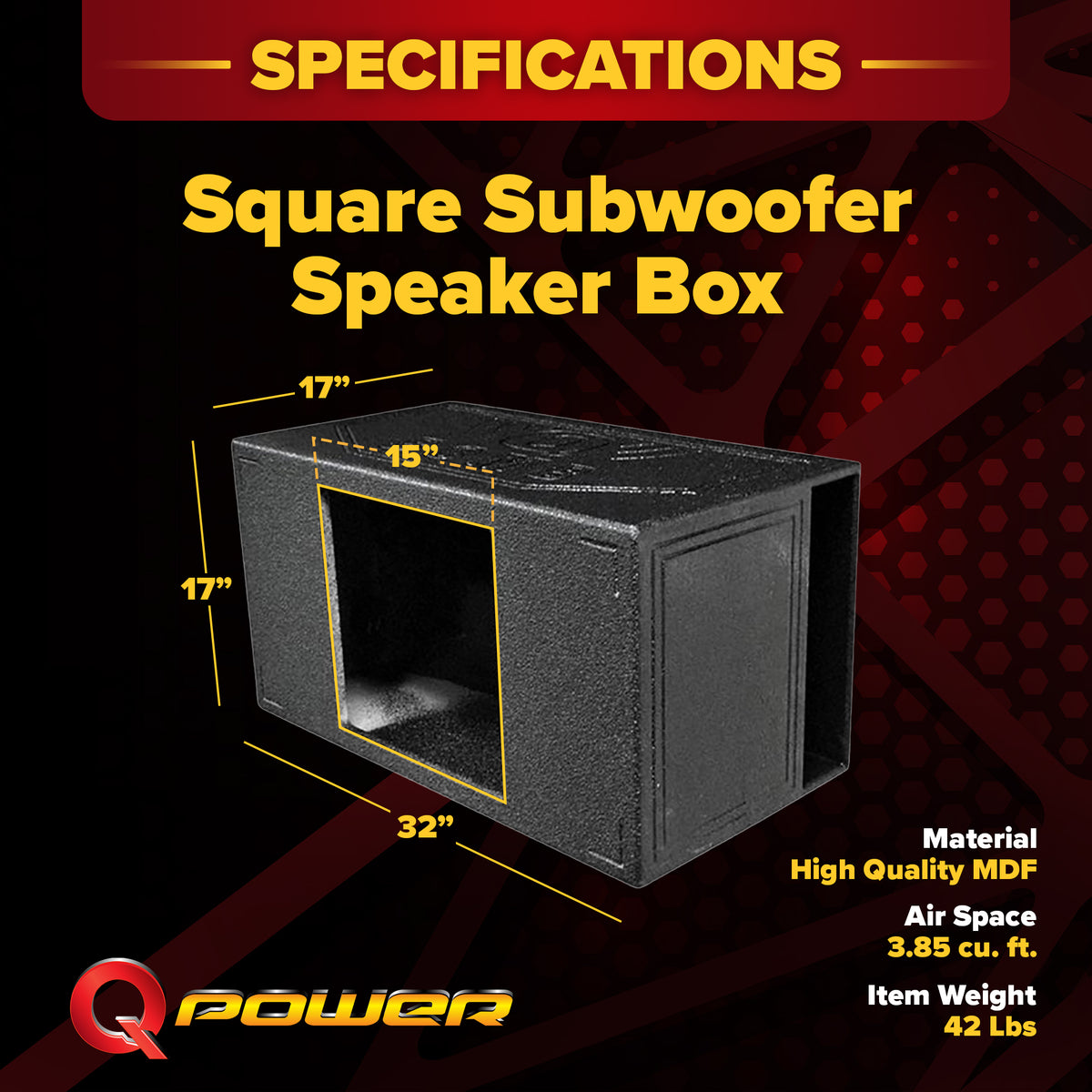 QPower Durable Single 15" Side-Vented Kicker L7 Square Subwoofer Speaker Box
