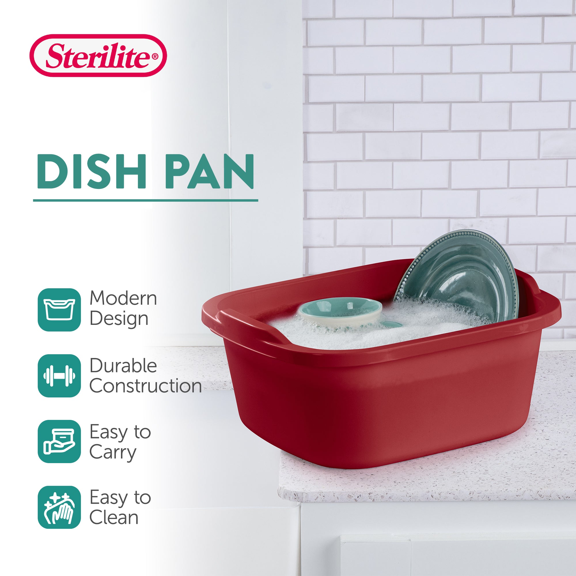 Sterilite Large Multi Function Home 12 Qt Sink Dish Washing Pan, Red (16 Pack)