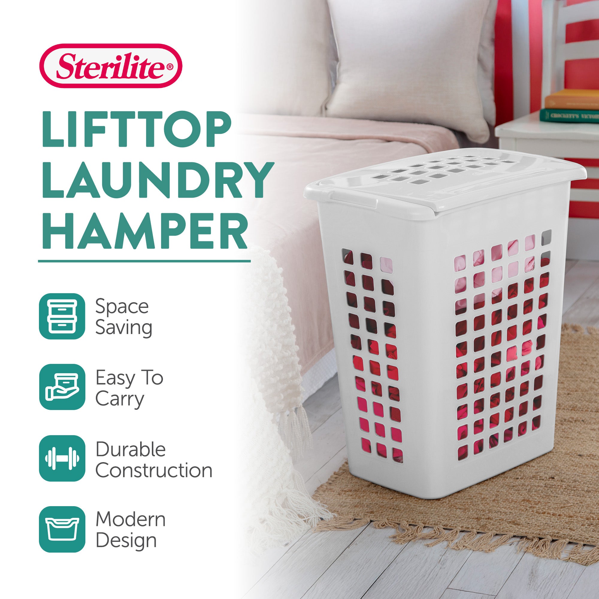Sterilite Rectangular LiftTop Plastic Laundry Hamper Basket Bin w/ Lid (12 Pack)
