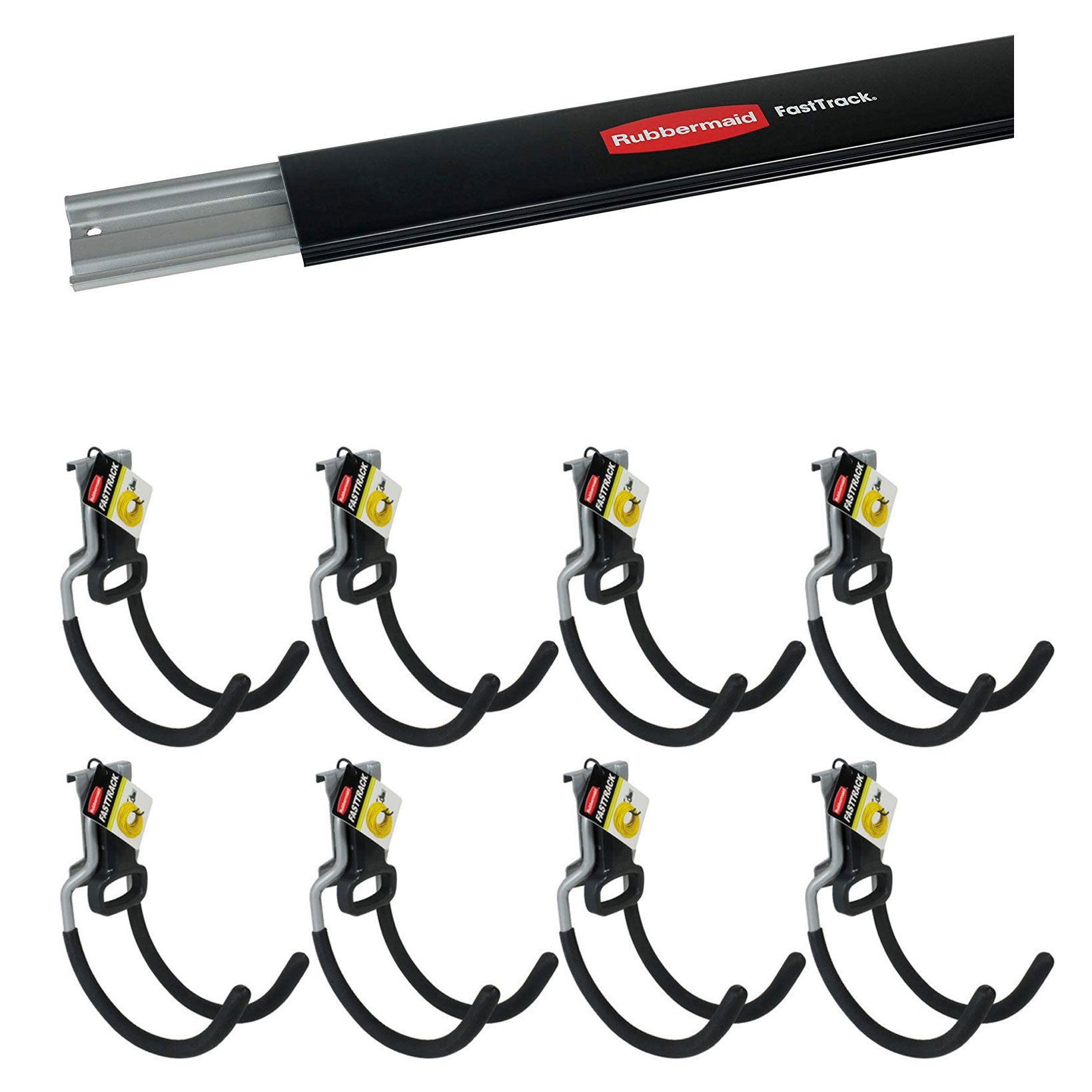 Rubbermaid Fast Track 48 Inch Wall Mounted Storage Rail & Utility Hooks (8 Pack) - VMInnovations