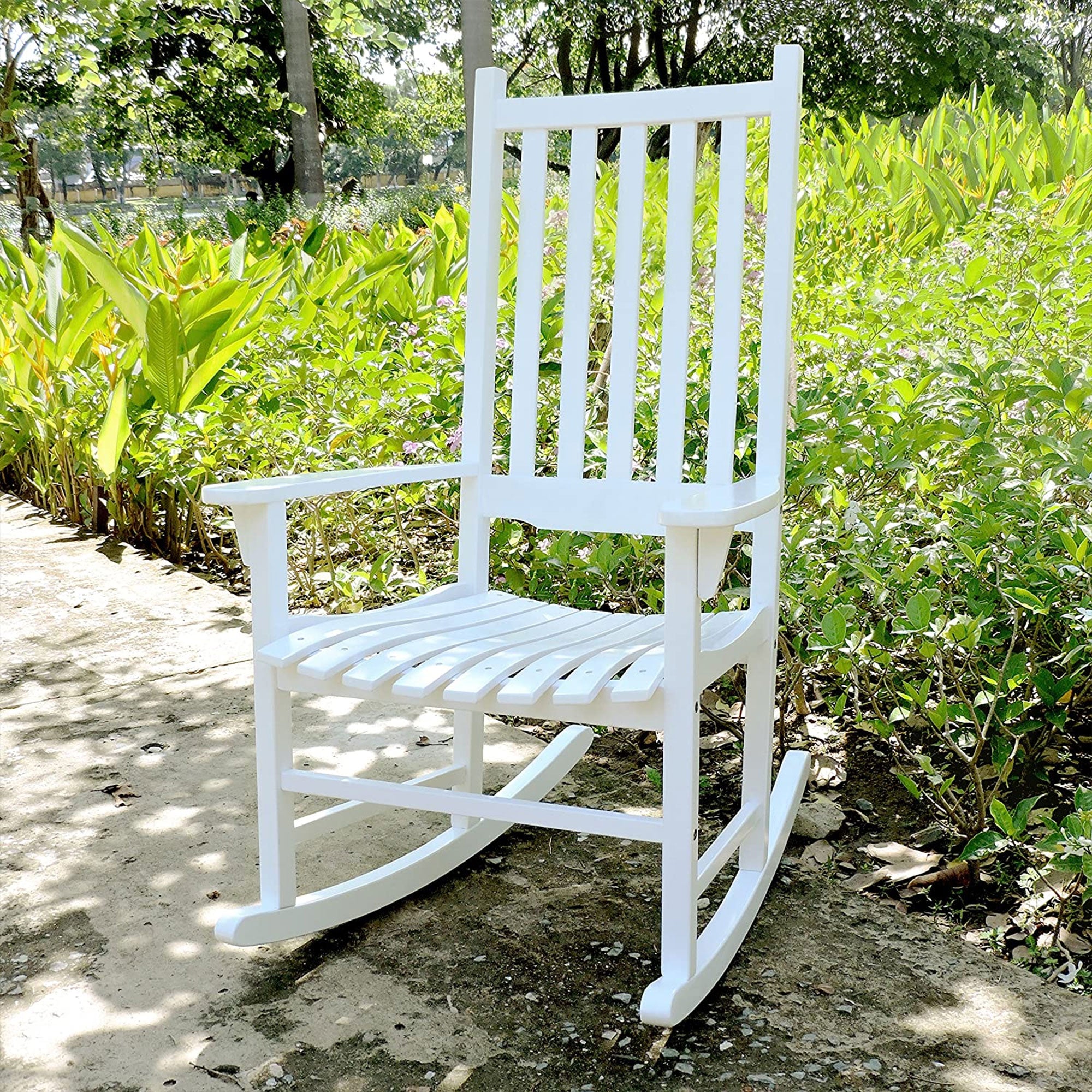 Merry Garden Solid Acacia Hardwood Slatted Back Rocking Chair, White (Used)