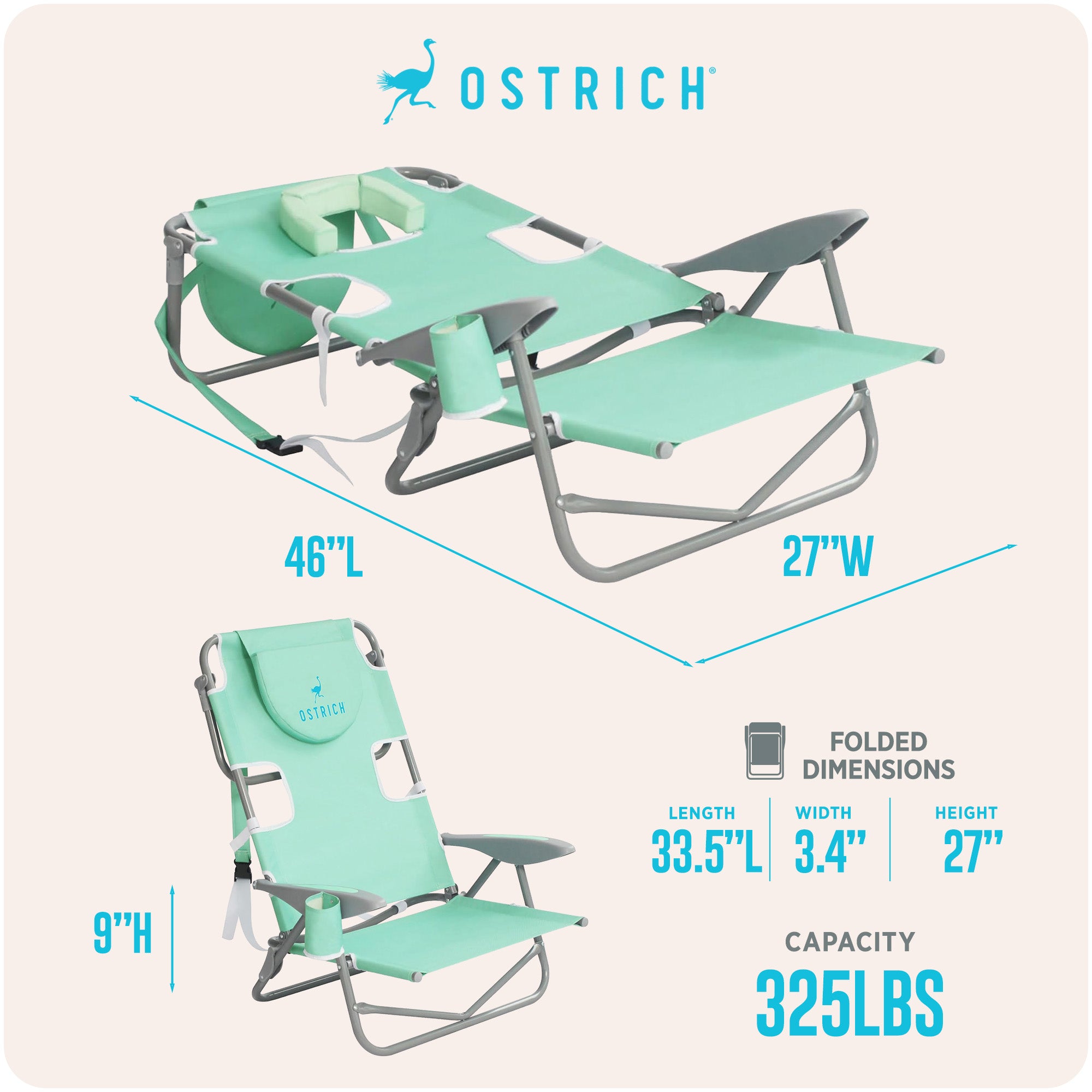 Ostrich The Heavy-Duty Backpacker Portable Reclining Beach Camping Chair, Teal - VMInnovations