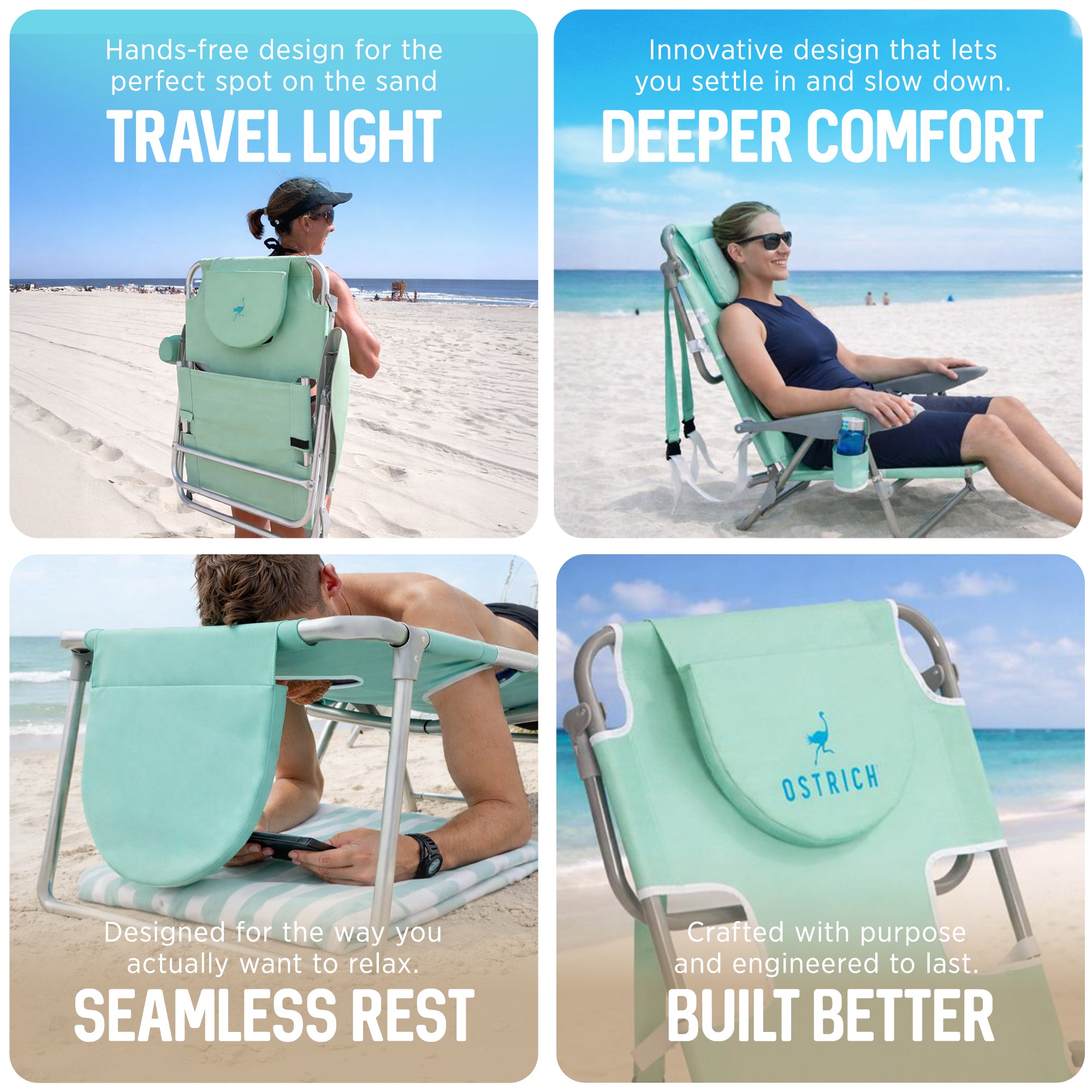 Ostrich On-Your-Back Reclining Beach Lounge Pool Camping Chair, Teal (Used) - VMInnovations