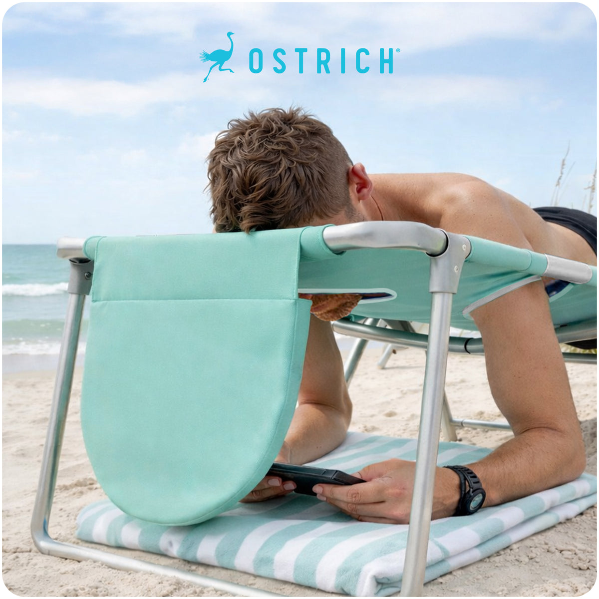 Ostrich On Your Back Folding Reclining Beach Camping Lawn Chair, Teal(For Parts)