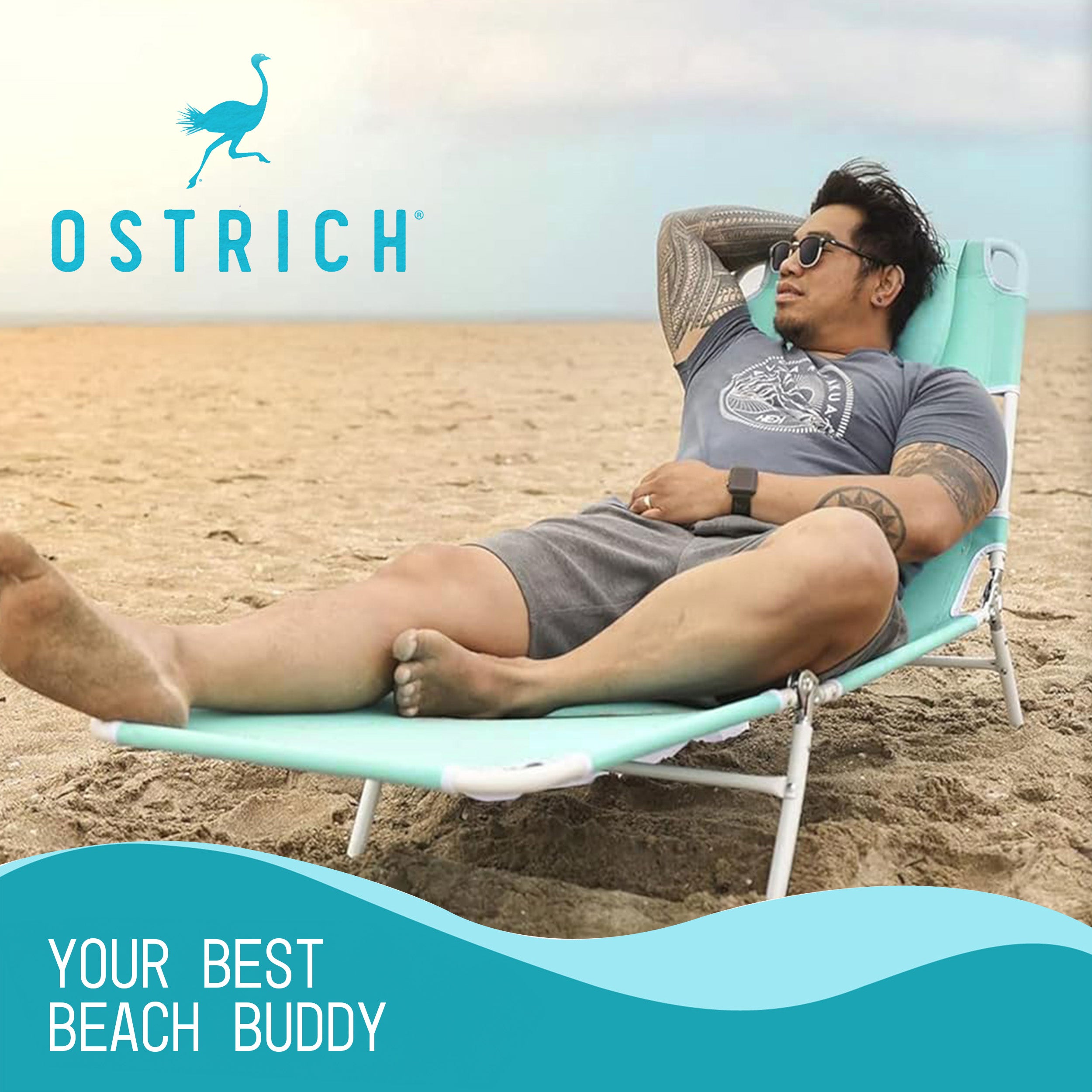 Ostrich Chaise Sunbathing Poolside Beach Chair with Recliner Lounge Chair, Teal - VMInnovations