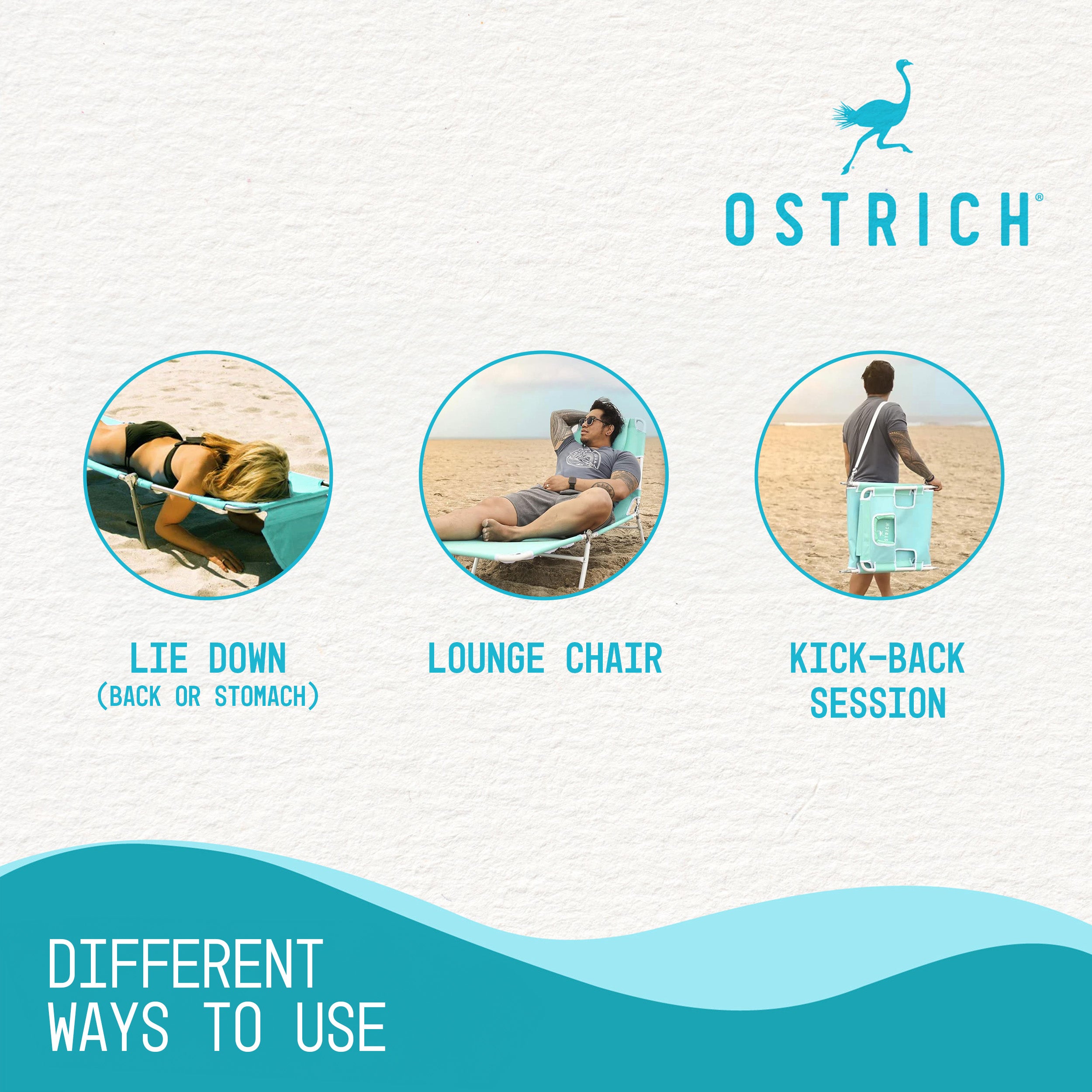 Ostrich Chaise Lounge Folding Sunbathing Recliner Beach Chair, Teal (2 Pack)