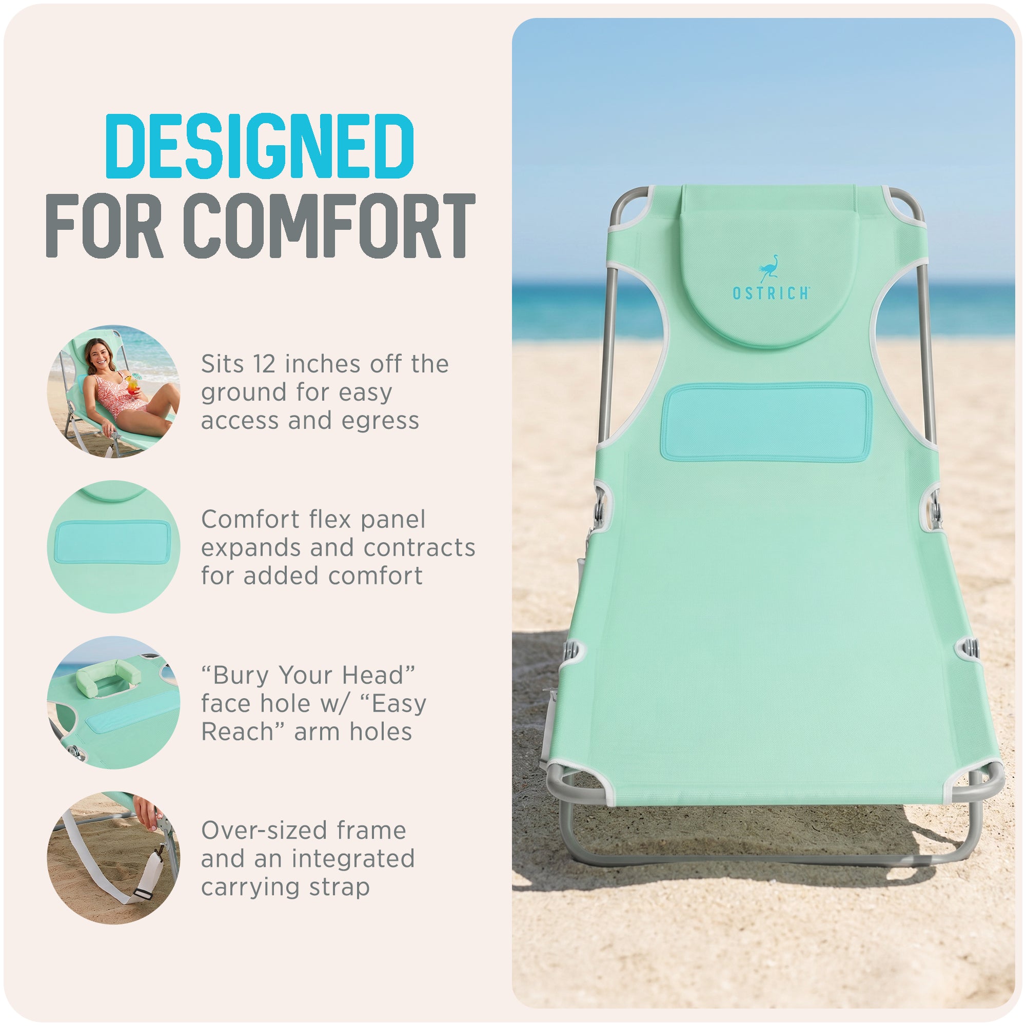 Ostrich Ladies Comfort Lounger, Beach Camping Pool Tanning Chair, Teal (Used)