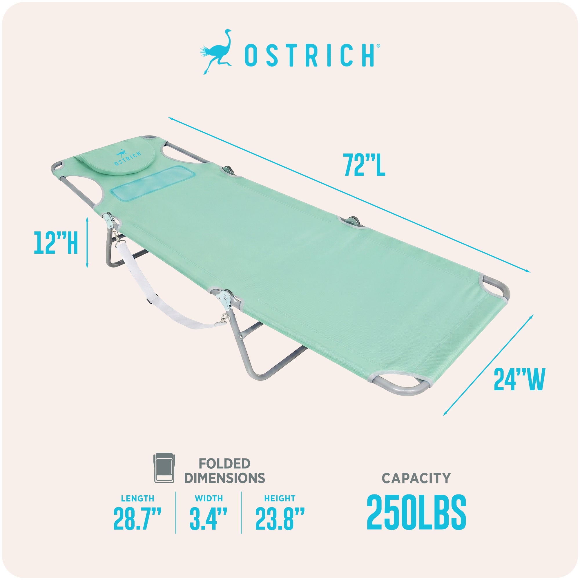 Ostrich Ladies Comfort Lounger, Beach Camping Pool Tanning Chair, Teal (Used)