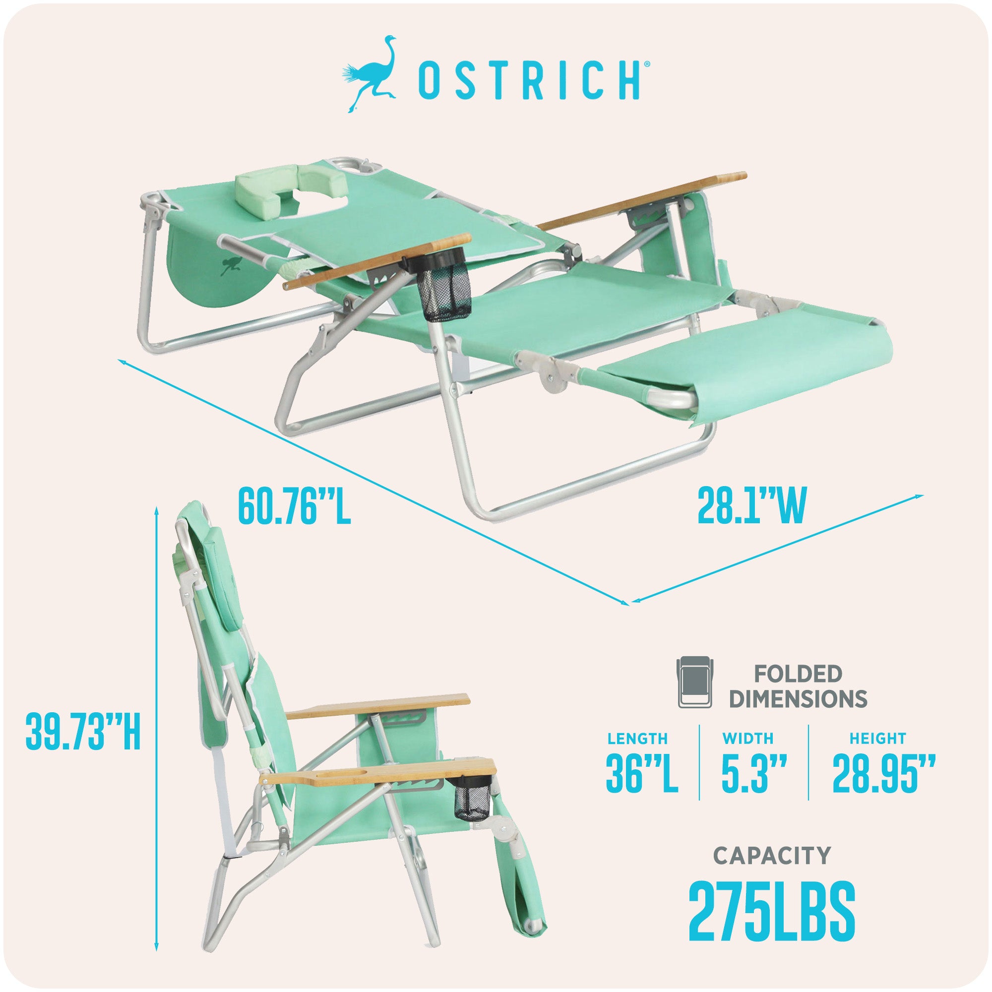 Ostrich Deluxe 3N1 Outdoor Lawn Beach Lounge Chair with Footrest, Teal (Used)