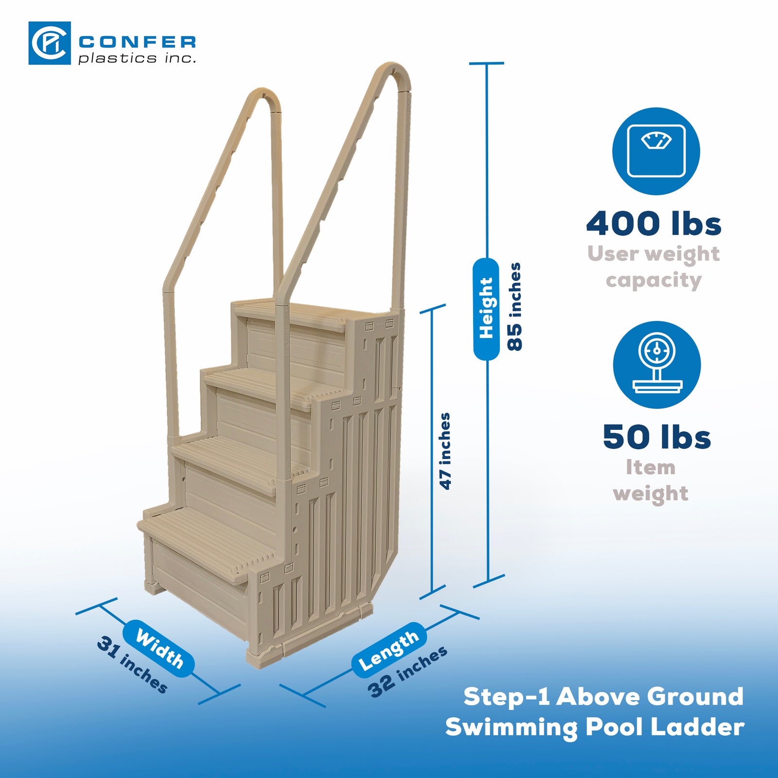 Confer Plastics InPool Step Ladder, Above Ground Swimming Pool Stairs, Warm Gray - VMInnovations