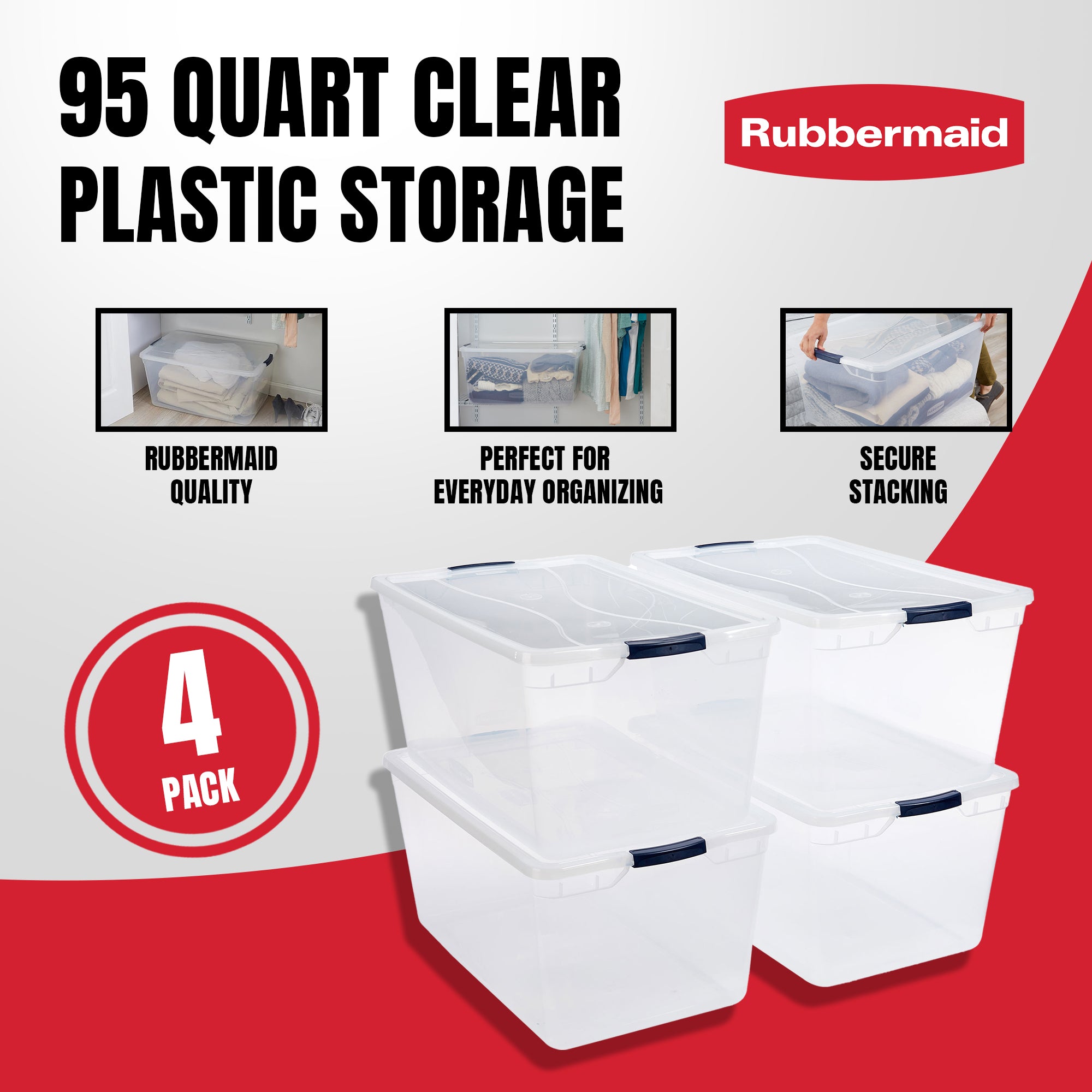 Rubbermaid Cleverstore 95 Quart Clear Plastic Storage Container & Lid, (4 Pack) - VMInnovations