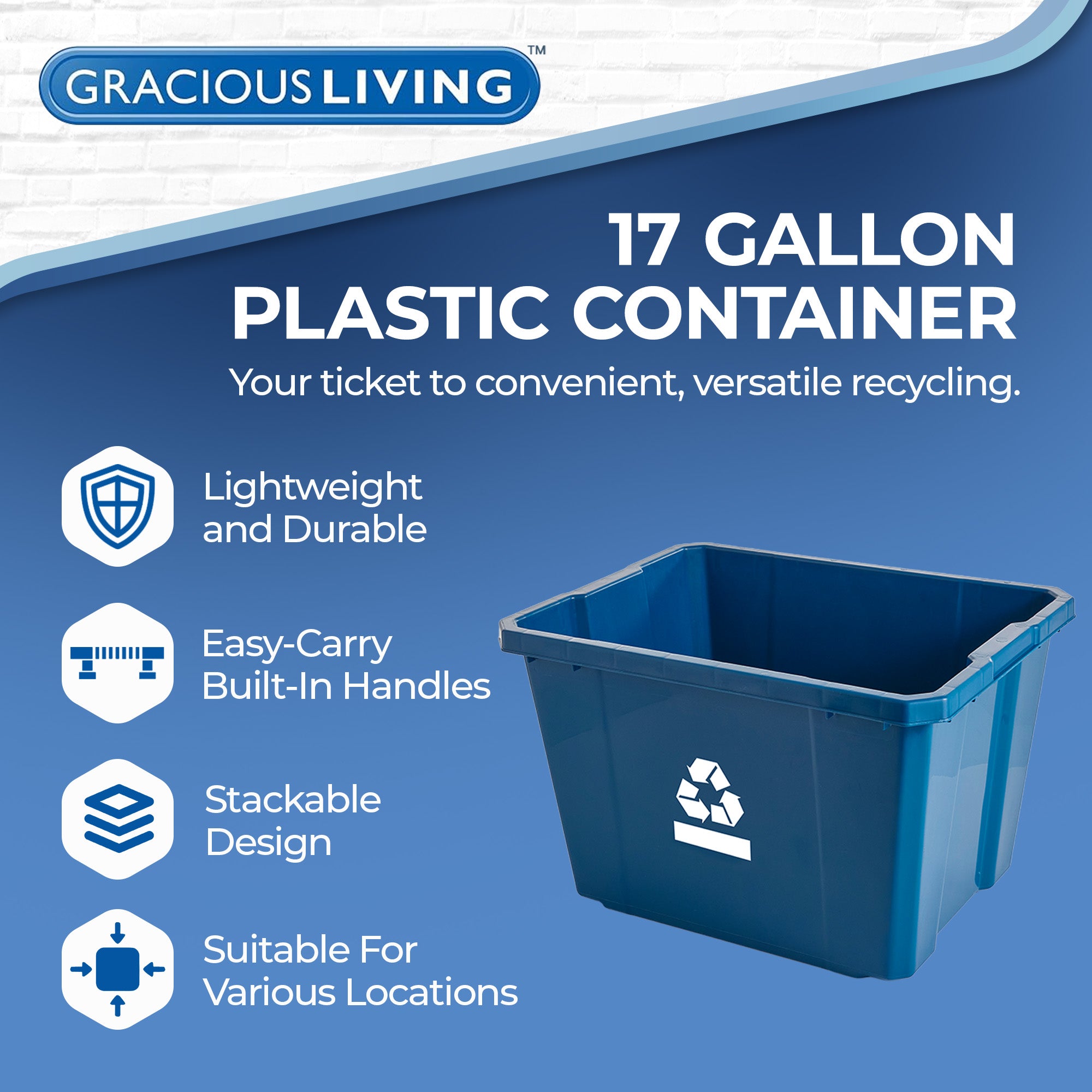 Gracious Living Medium Curbside Blue Box 17 Gallon Home Recycling Bin (Open Box)