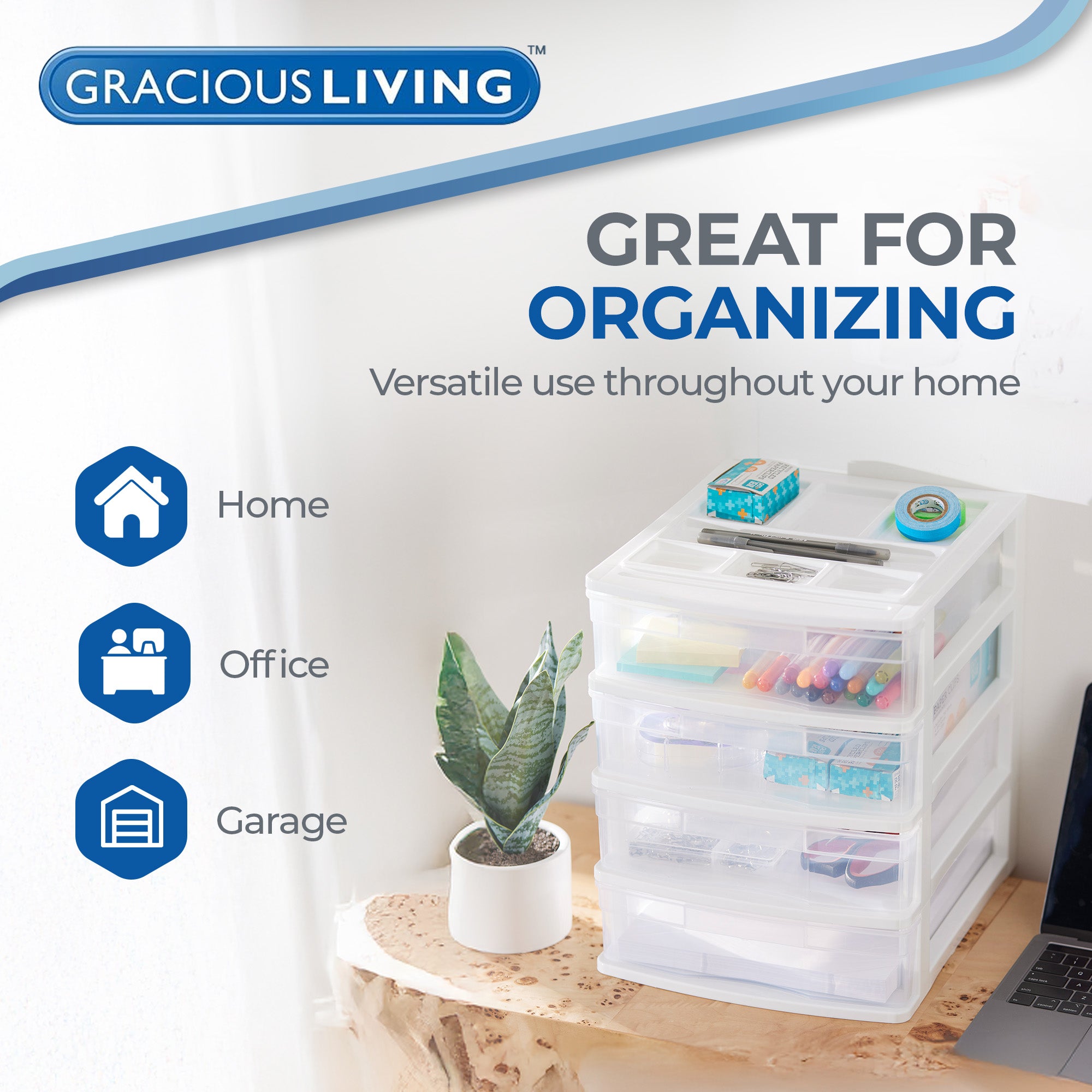 Gracious Living 4 Drawer Desktop Countertop Storage with Organizer Lid, White