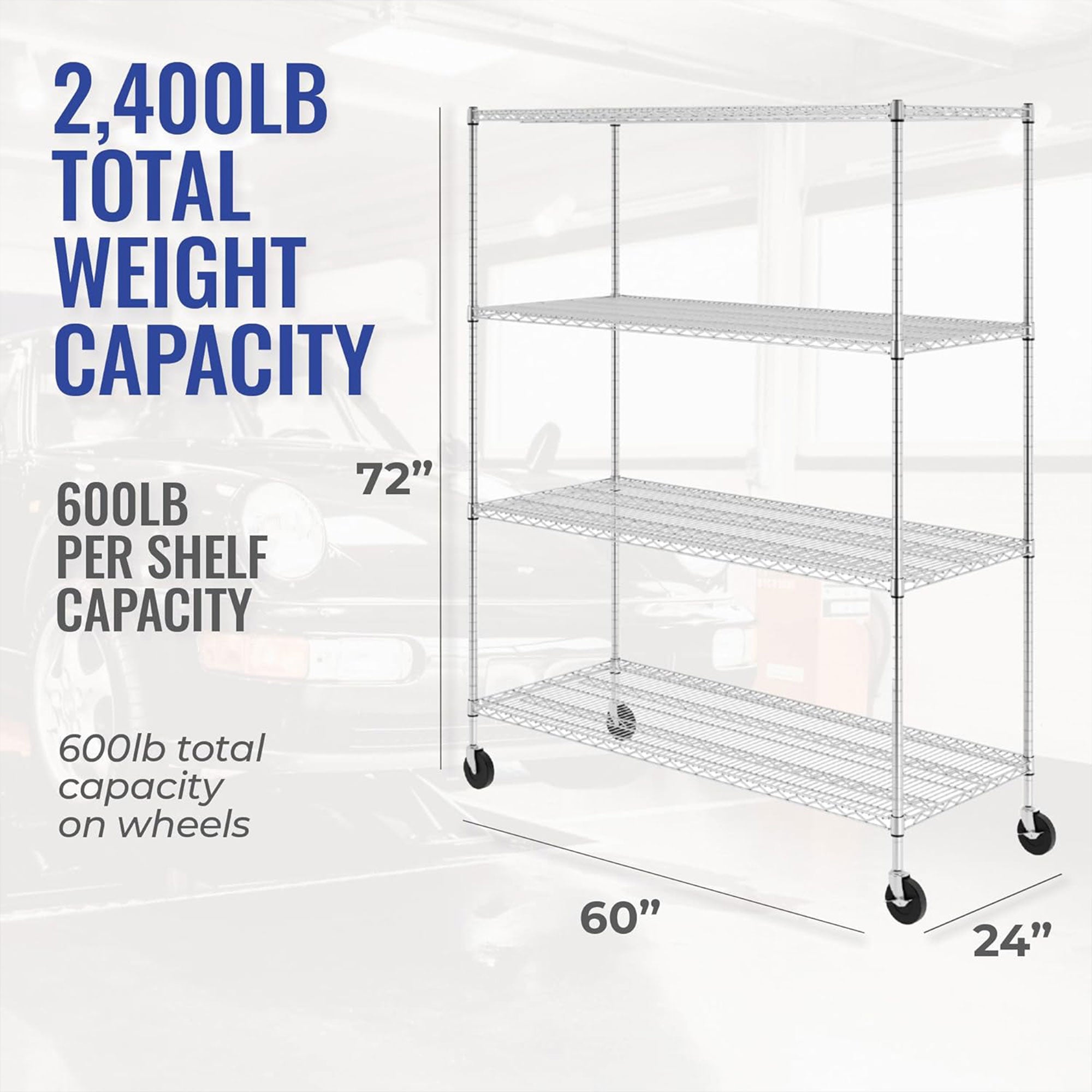 SafeRacks 24 x 60 x 72" 4 Tier Steel Wire Storage Shelving Rack w/Wheels, Silver - VMInnovations