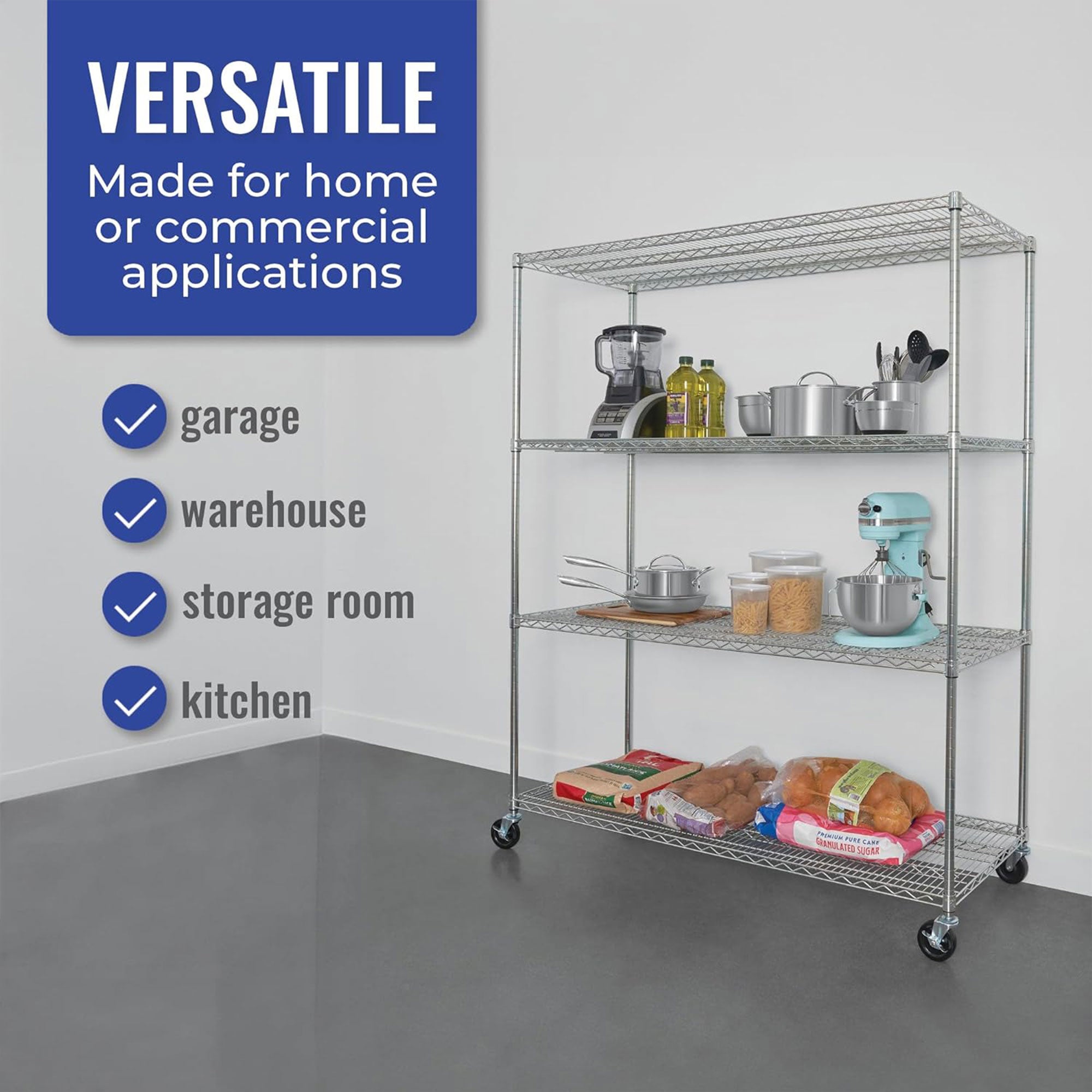 SafeRacks 24 x 60 x 72" 4 Tier Steel Wire Storage Shelving Rack w/Wheels, Silver - VMInnovations