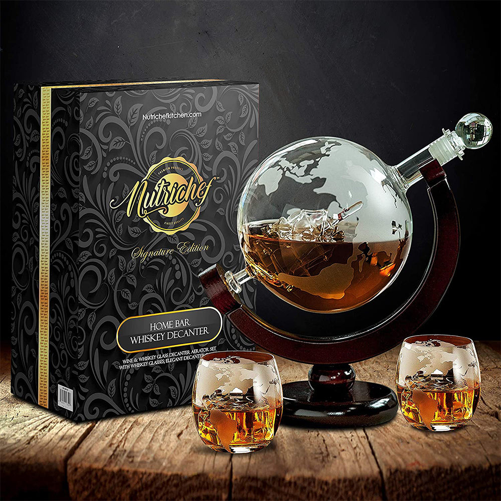 NutriChef NCGDS02 Home Bar Whiskey Clear Globe Decanter with Stand and Glasses - VMInnovations