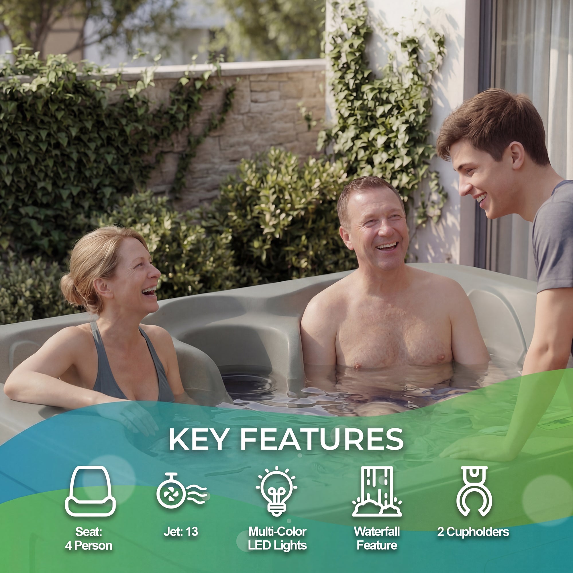 LifeSmart 4 Person Square Hot Tub Spa with Black Cover & Molded Spa Step, Taupe