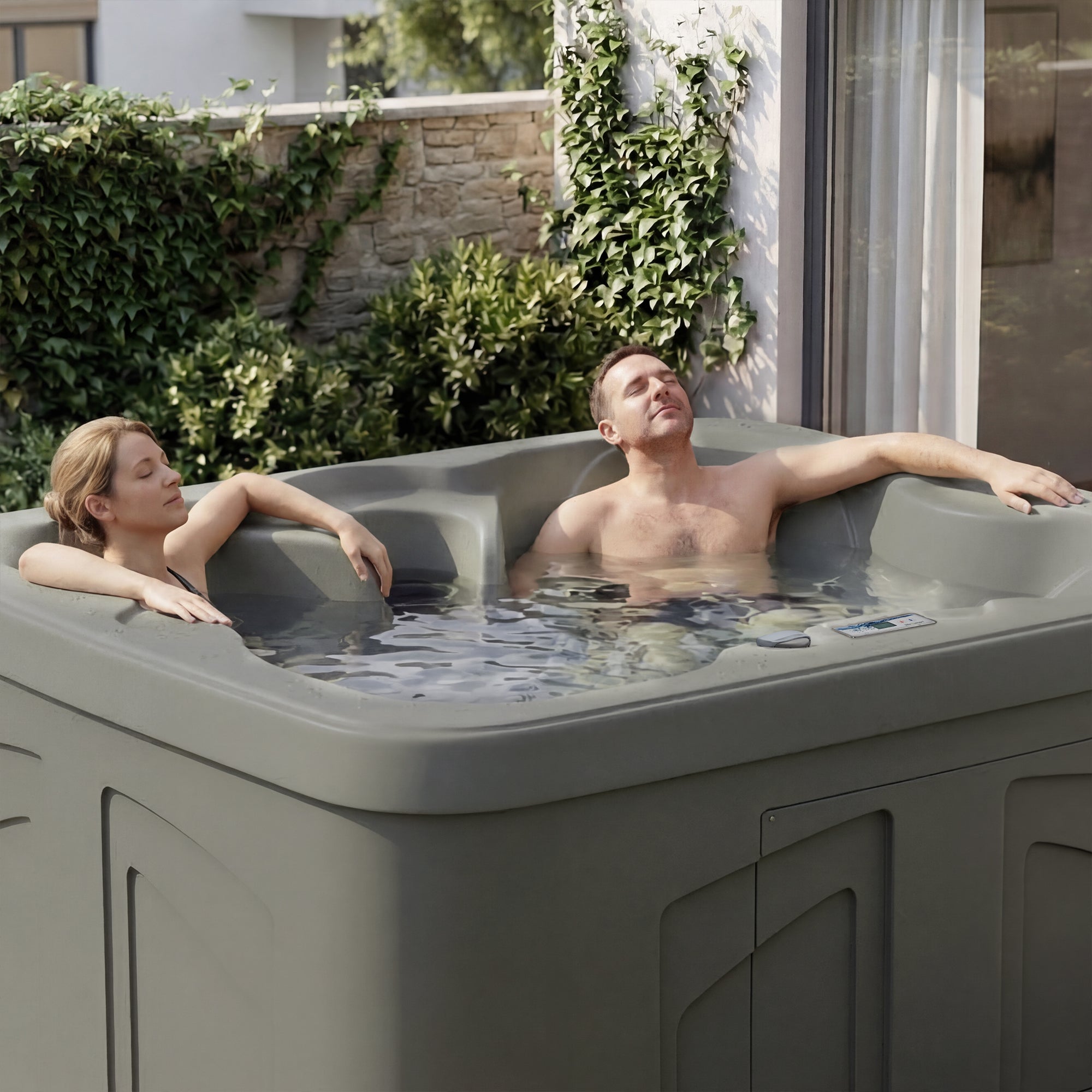 LifeSmart 4 Person Square Hot Tub Spa with Black Cover & Molded Spa Step, Taupe