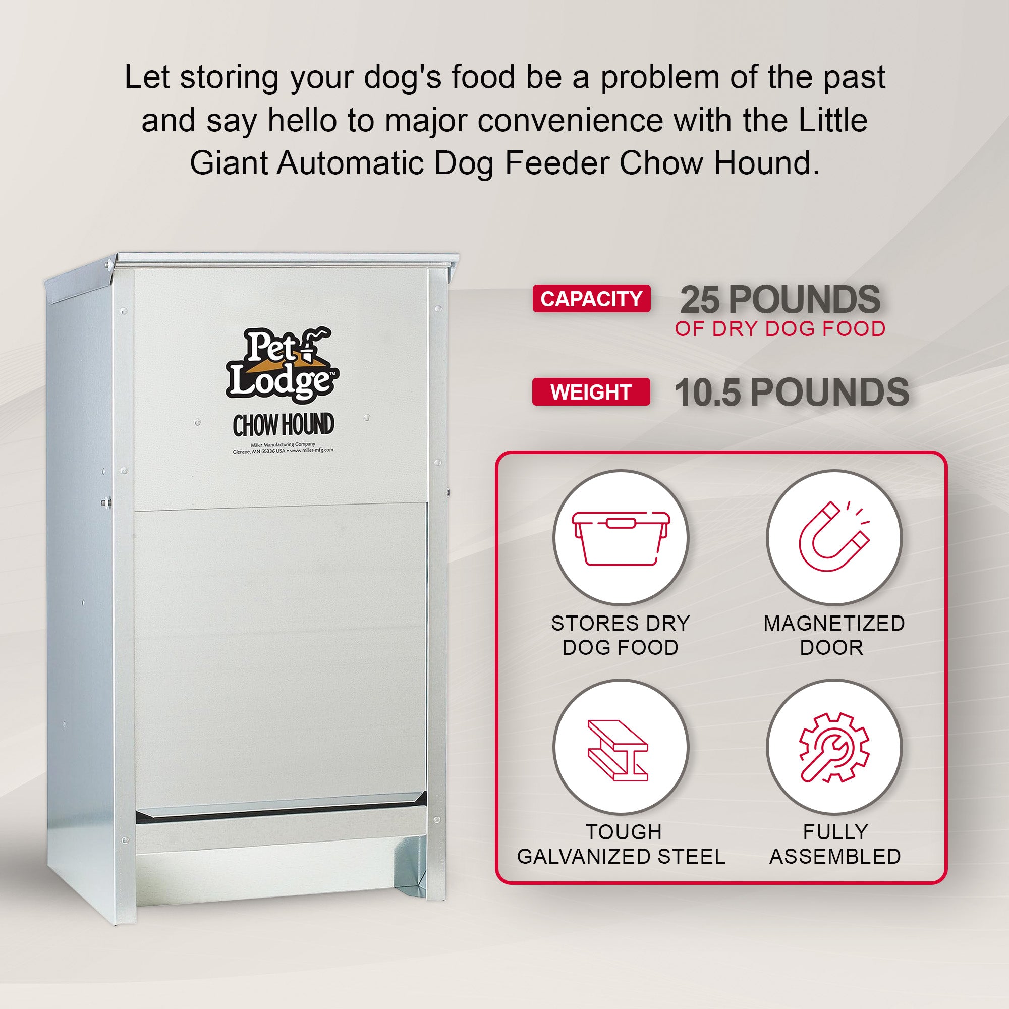 Pet Lodge Dry Food Automatic Steel Dog Feeder Chow Hound 25lb Capacity (Used) - VMInnovations