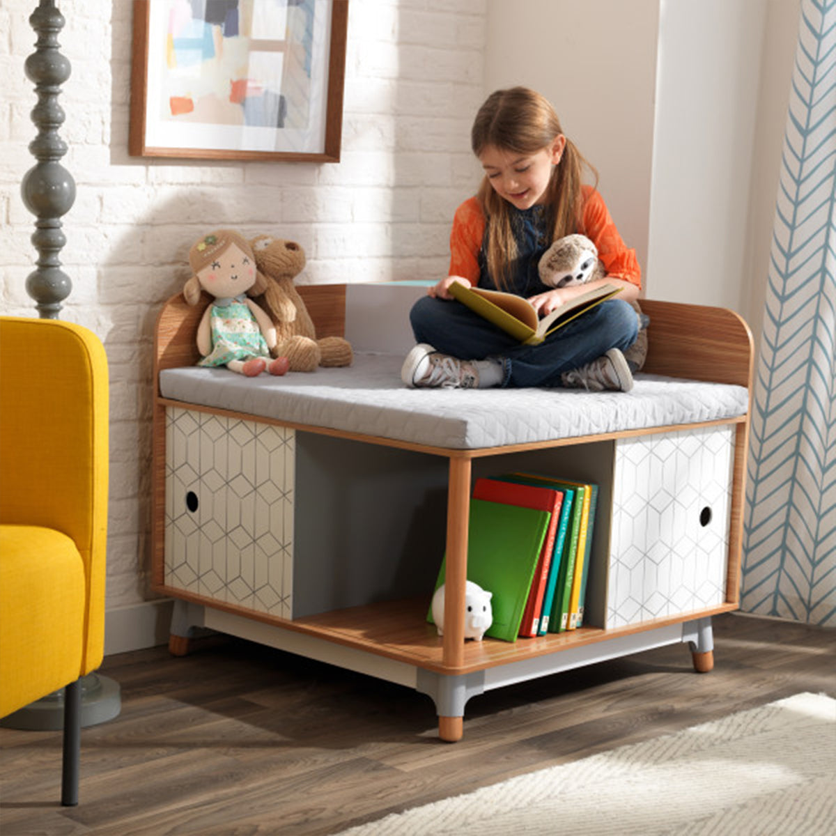 KidKraft 14238 Mid-Century Style Kid Corner Reading Nook, Natural Wood Finish