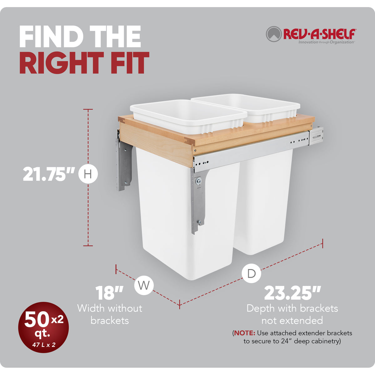 Rev-A-Shelf 175 Double 35-Qt Top Mount Pullout Wastebasket, 1.75 In. (Open Box)