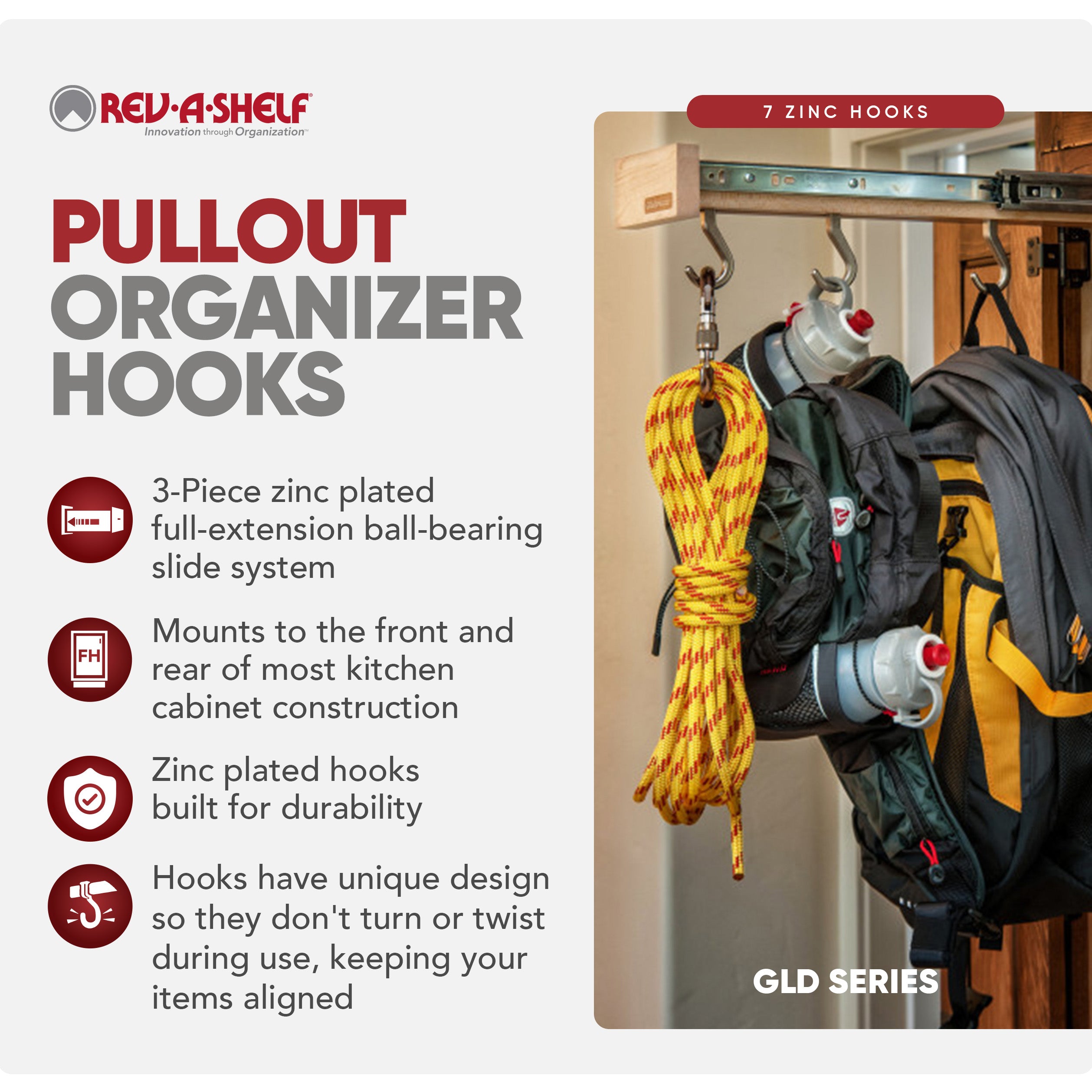 Rev-A-Shelf Pullout Organizer Hooks w/ Ball-bearing Slide System, GLD-W22-SC-7