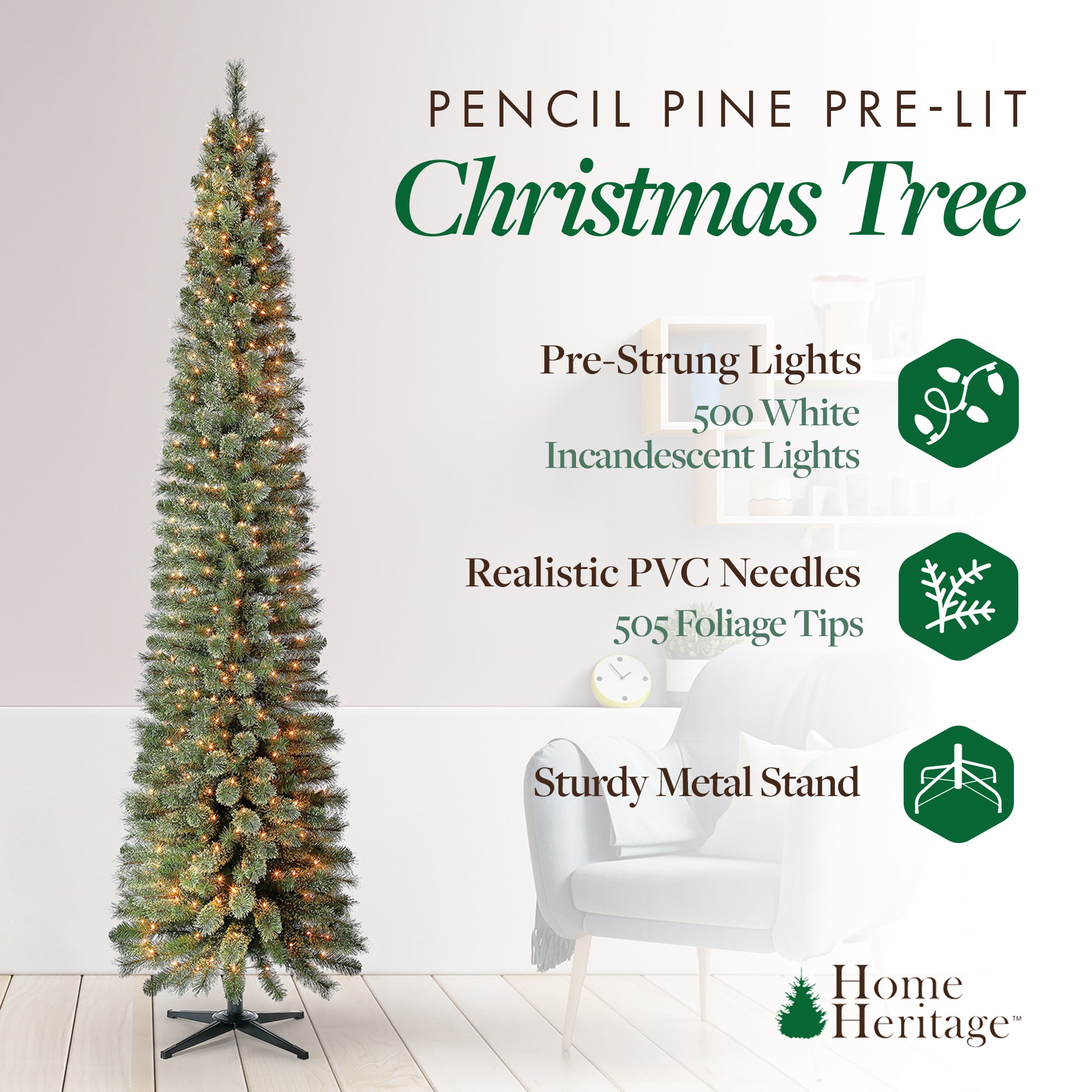 Home Heritage Stanley 9' Pine Artificial Christmas Tree, PreLit 500 White Lights
