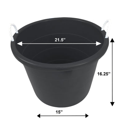 Homz 17 Gal Plastic Open Storage Round Utility Tub with Handles, Black (2 Pack)