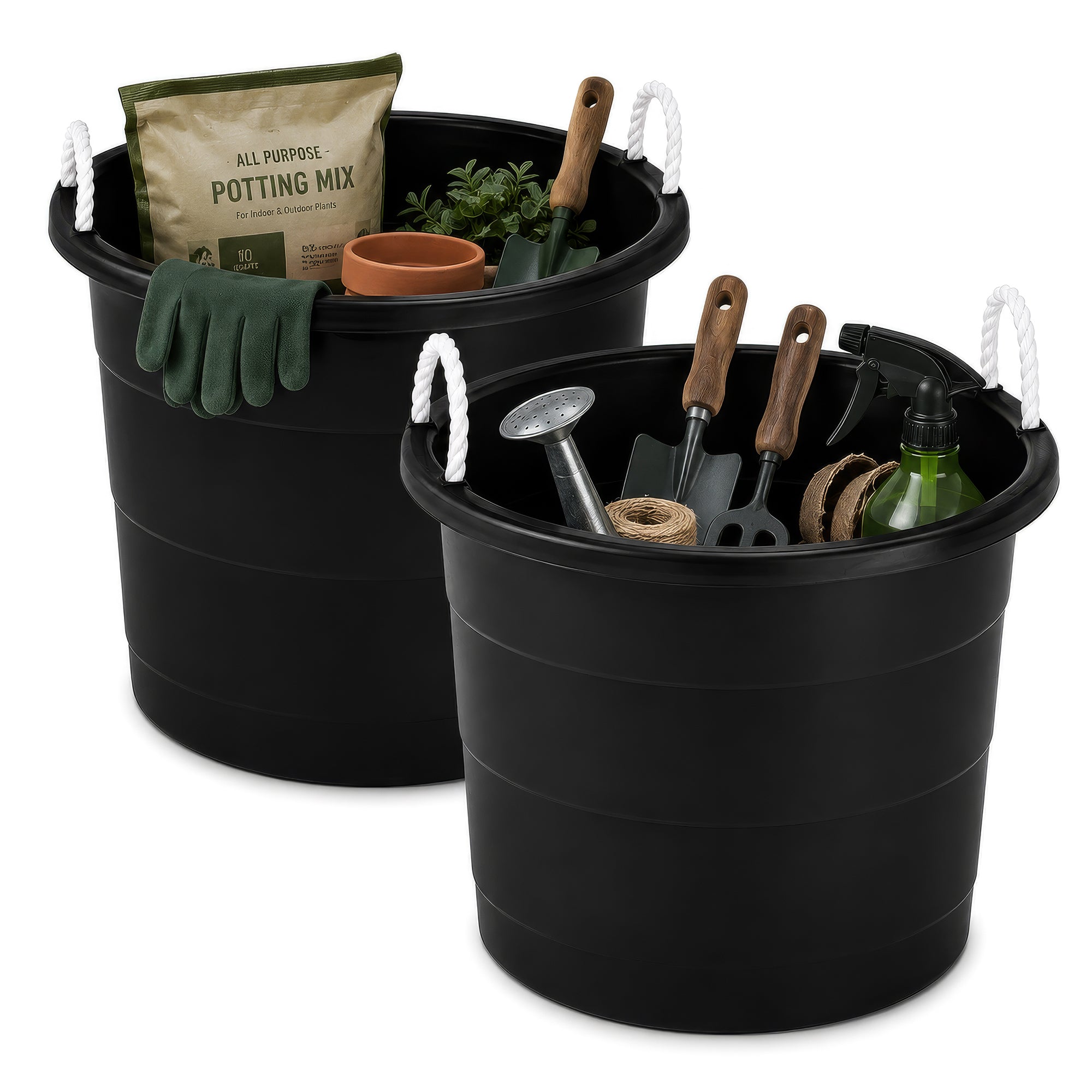 Homz 17 Gal Plastic Open Storage Round Utility Tub with Handles, Black (2 Pack) - VMInnovations