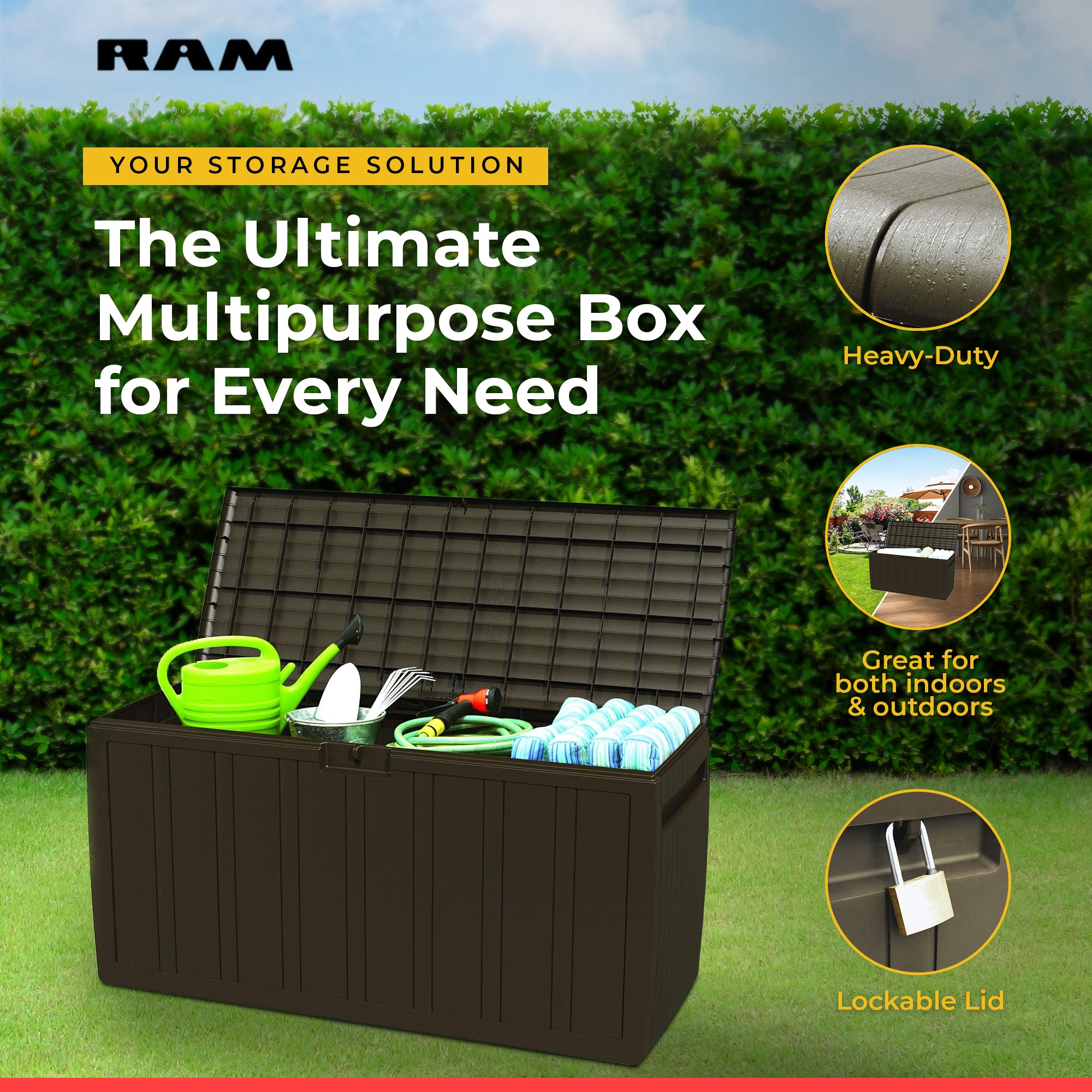 Ram Quality Products Outdoor Backyard Patio Storage Deck Box, 71 Gallon, Brown - VMInnovations